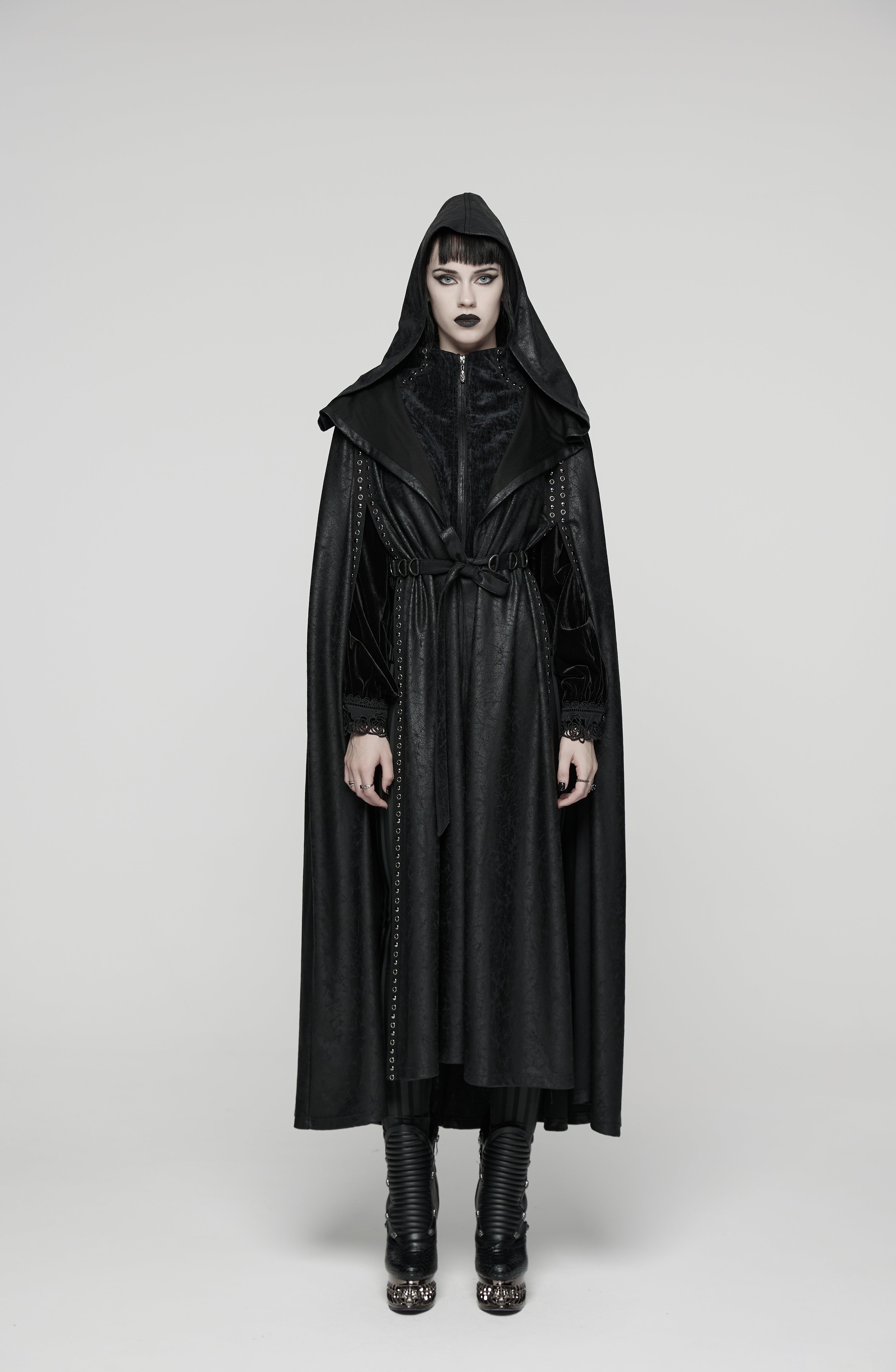 Punk Rave Gothic Hooded Cloak – Full-Length Jacquard & Faux Leather
