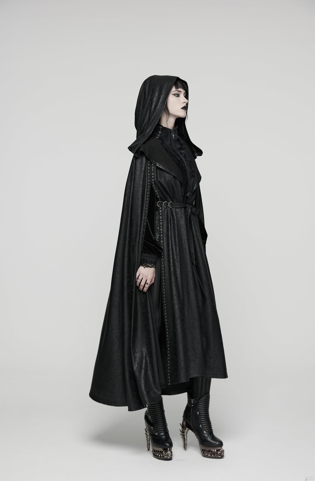 Punk Rave Gothic Hooded Cloak – Full-Length Jacquard & Faux Leather