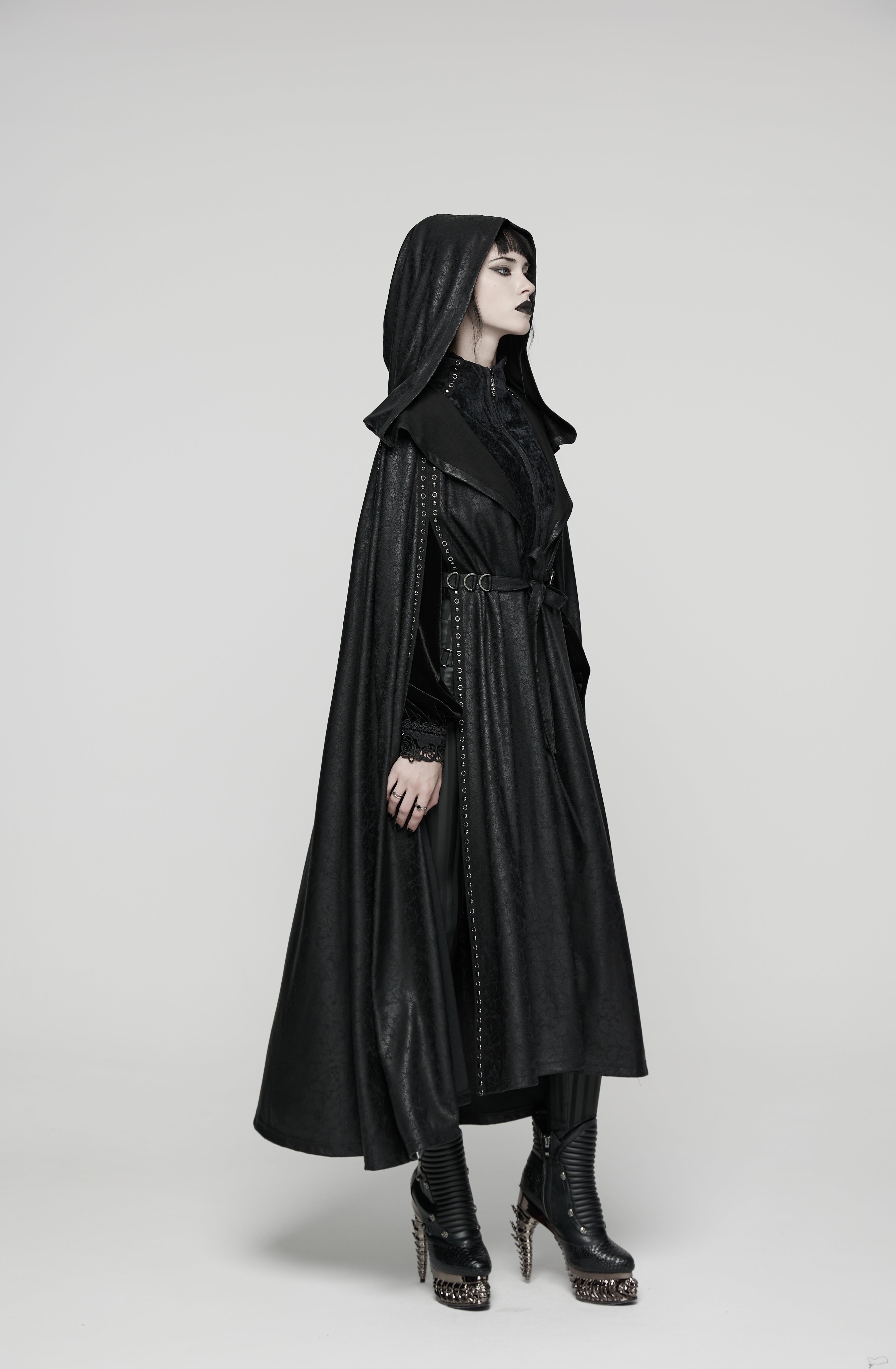 Punk Rave Gothic Hooded Cloak – Full-Length Jacquard & Faux Leather