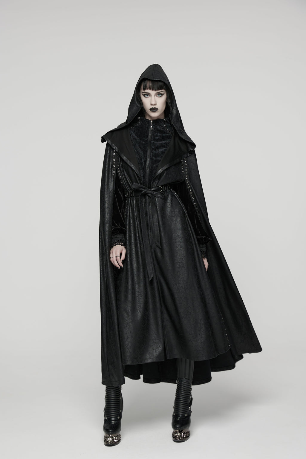 Punk Rave Gothic Hooded Cloak – Full-Length Jacquard & Faux Leather