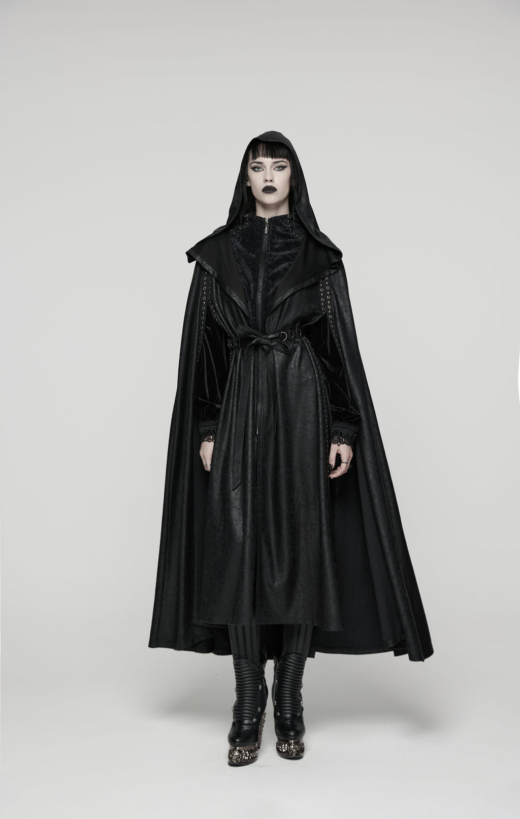 Punk Rave Gothic Hooded Cloak – Full-Length Jacquard & Faux Leather