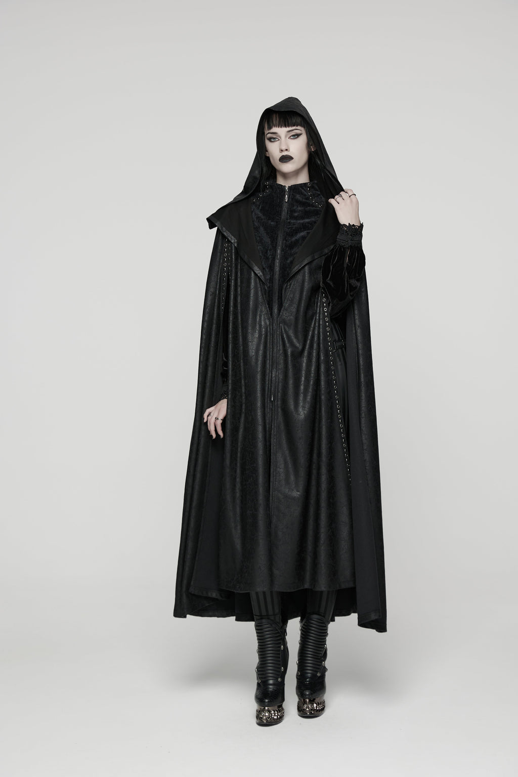 Punk Rave Gothic Hooded Cloak – Full-Length Jacquard & Faux Leather