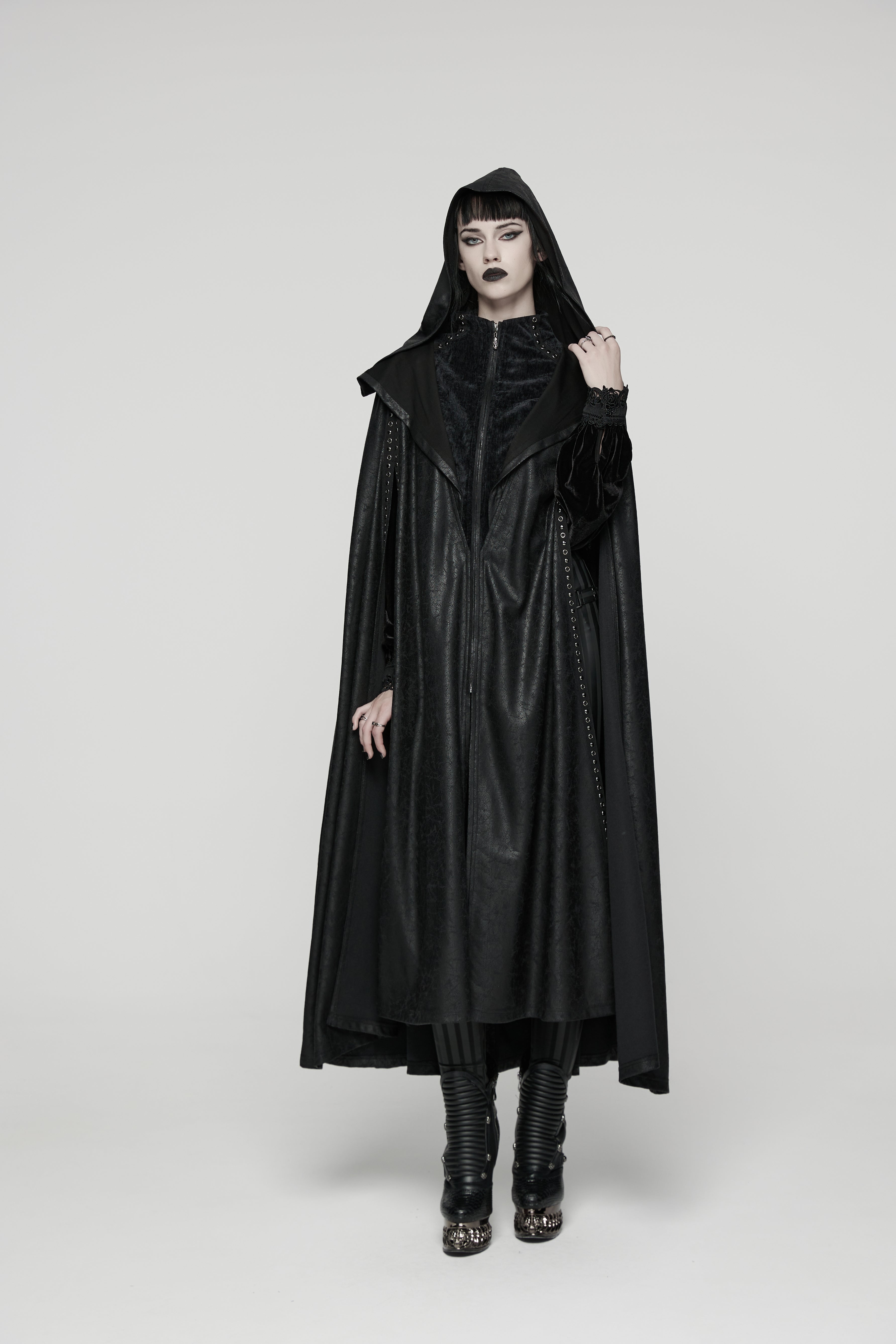 Punk Rave Gothic Hooded Cloak – Full-Length Jacquard & Faux Leather