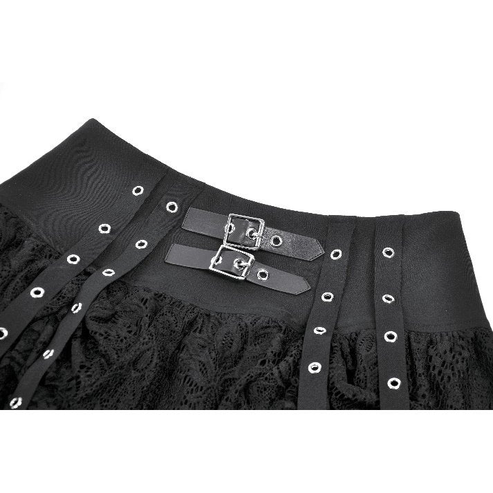 Dark in Love Black Punk Eyelet Lace Layered Mini Skirt with Buckles