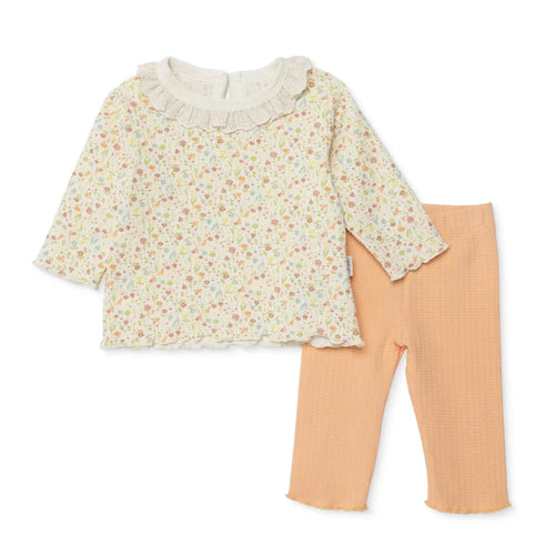 Bebetto Girls Sweatshirt & Footless Bottom Set Floral Print House Of Birds Frill Neck Full Length Lo - Salmon