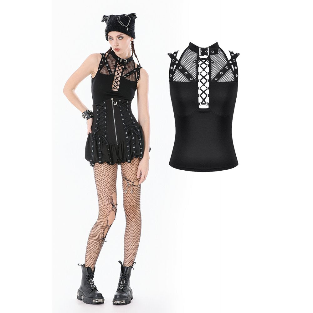 Dark in Love Ruth Gothic Mesh Sleeveless Top – Fishnet & Faux Leather