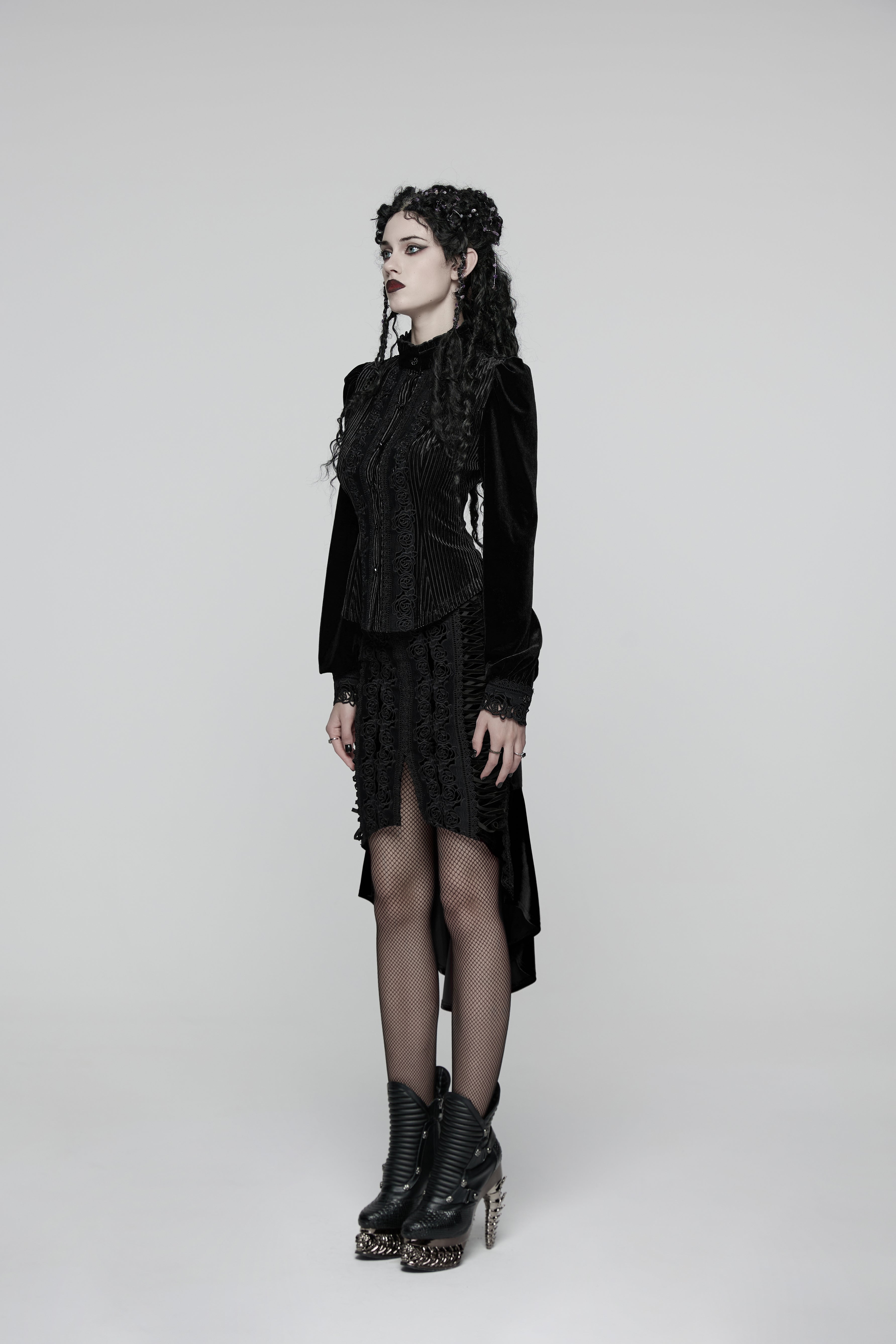 Punk Rave Daily Goth Shirt – Black Velvet Victorian Lace Blouse