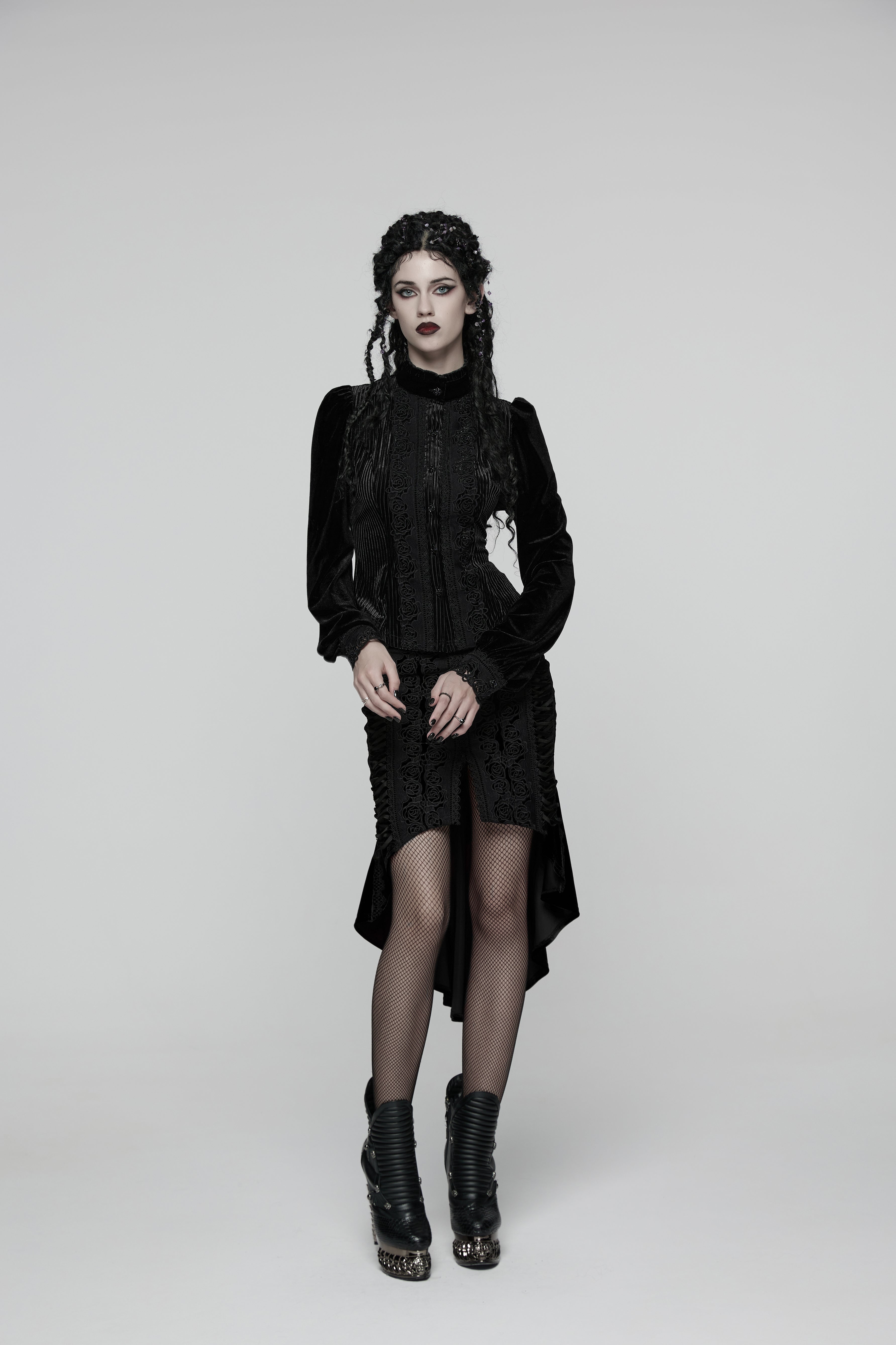Punk Rave Daily Goth Shirt – Black Velvet Victorian Lace Blouse