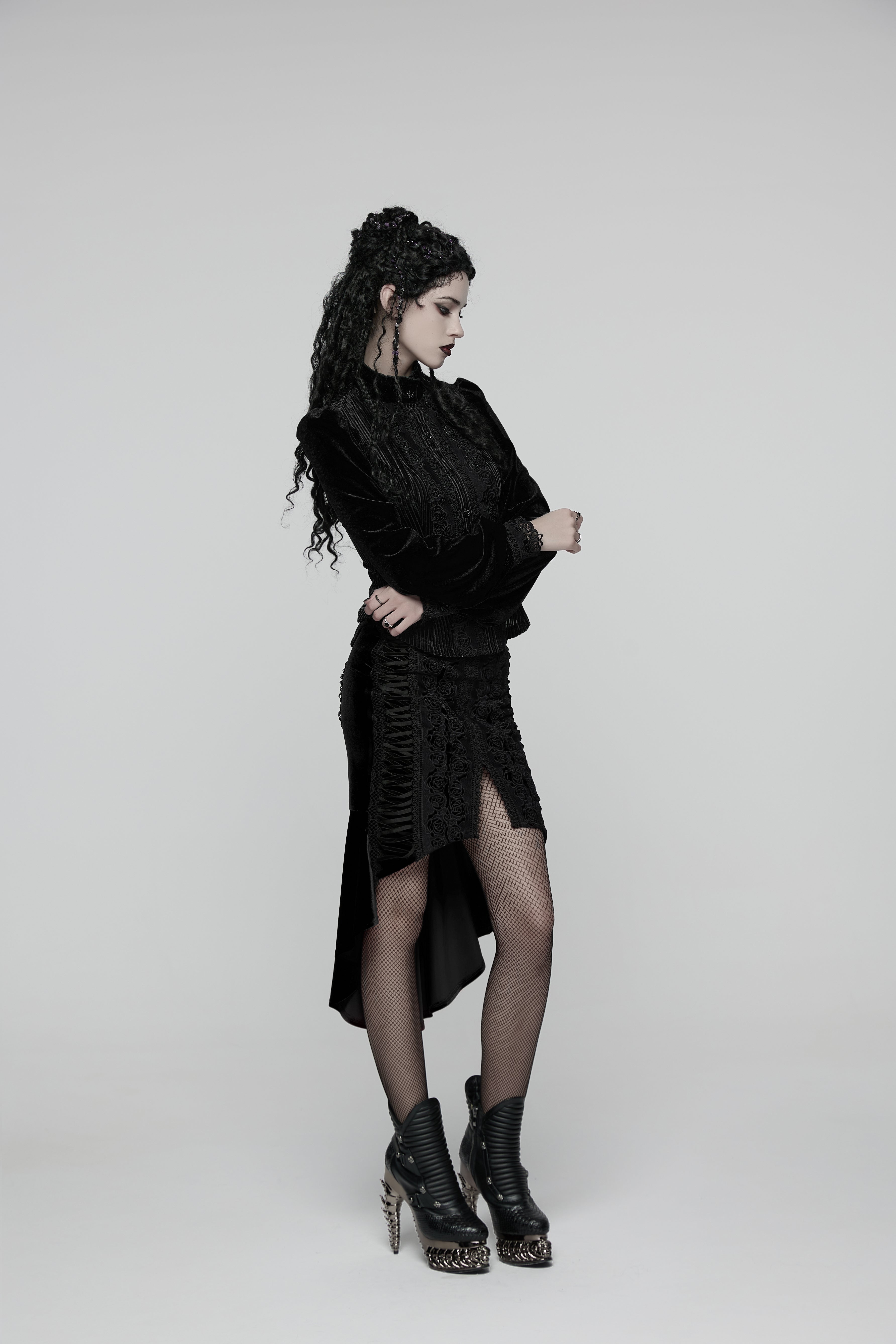 Punk Rave Daily Goth Shirt – Black Velvet Victorian Lace Blouse