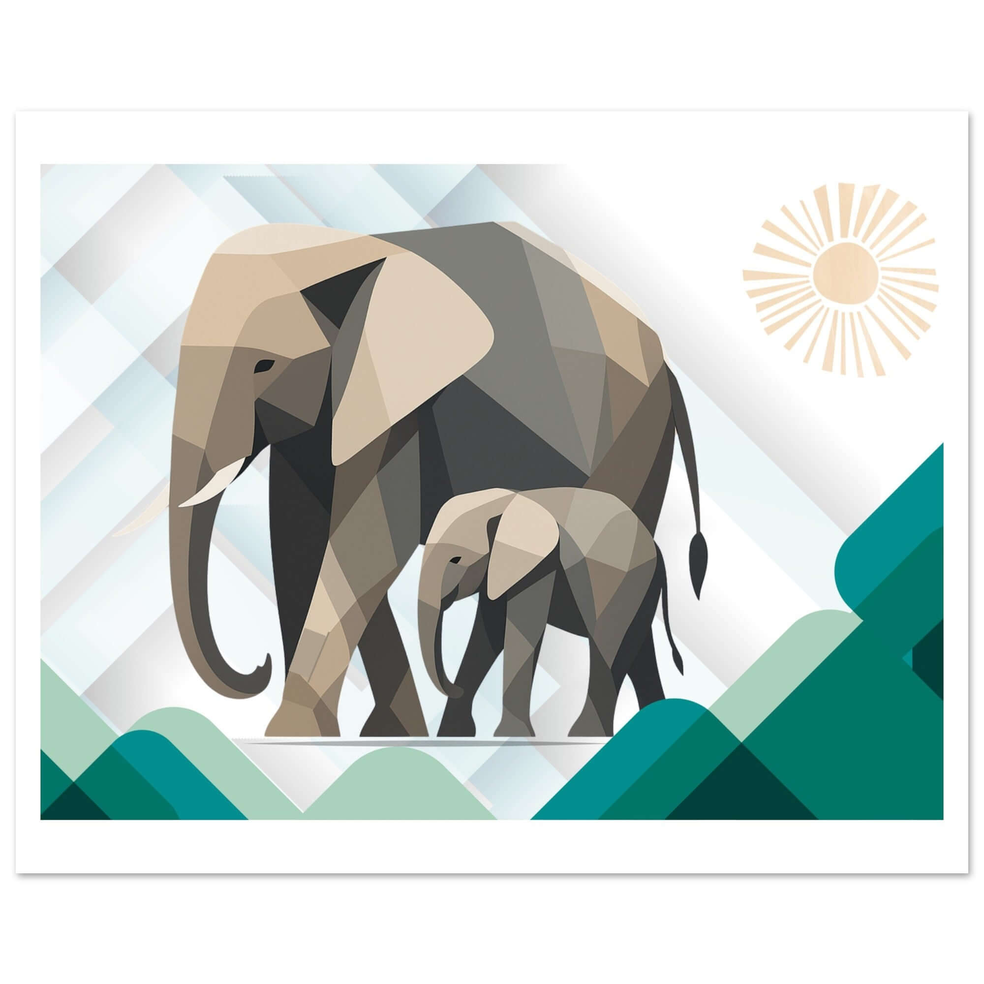 Elephant Duo Wall Art - Neutral Geometric Wildlife Illustration - Eco-Friendly Poster