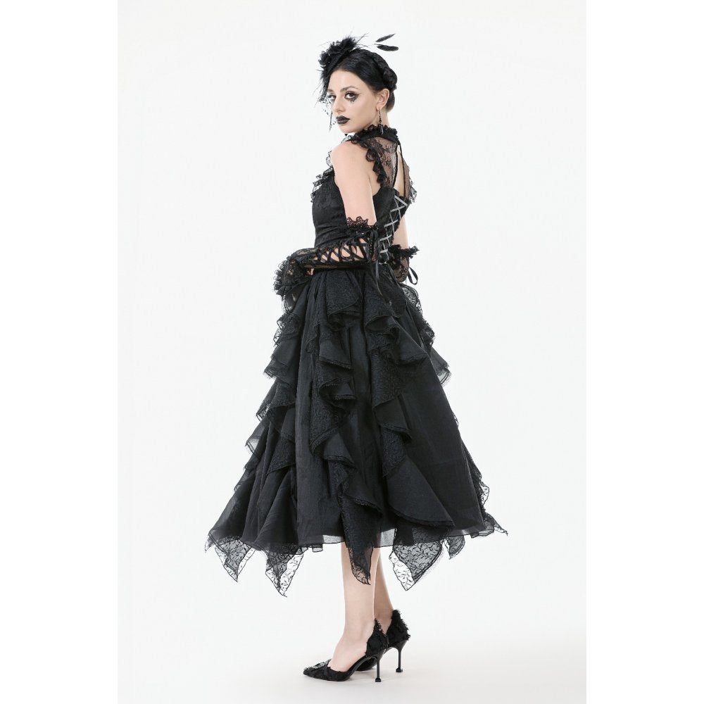 Dark in Love Morrigan Ruffled Goth Midi Skirt - Black Lace Asymmetric