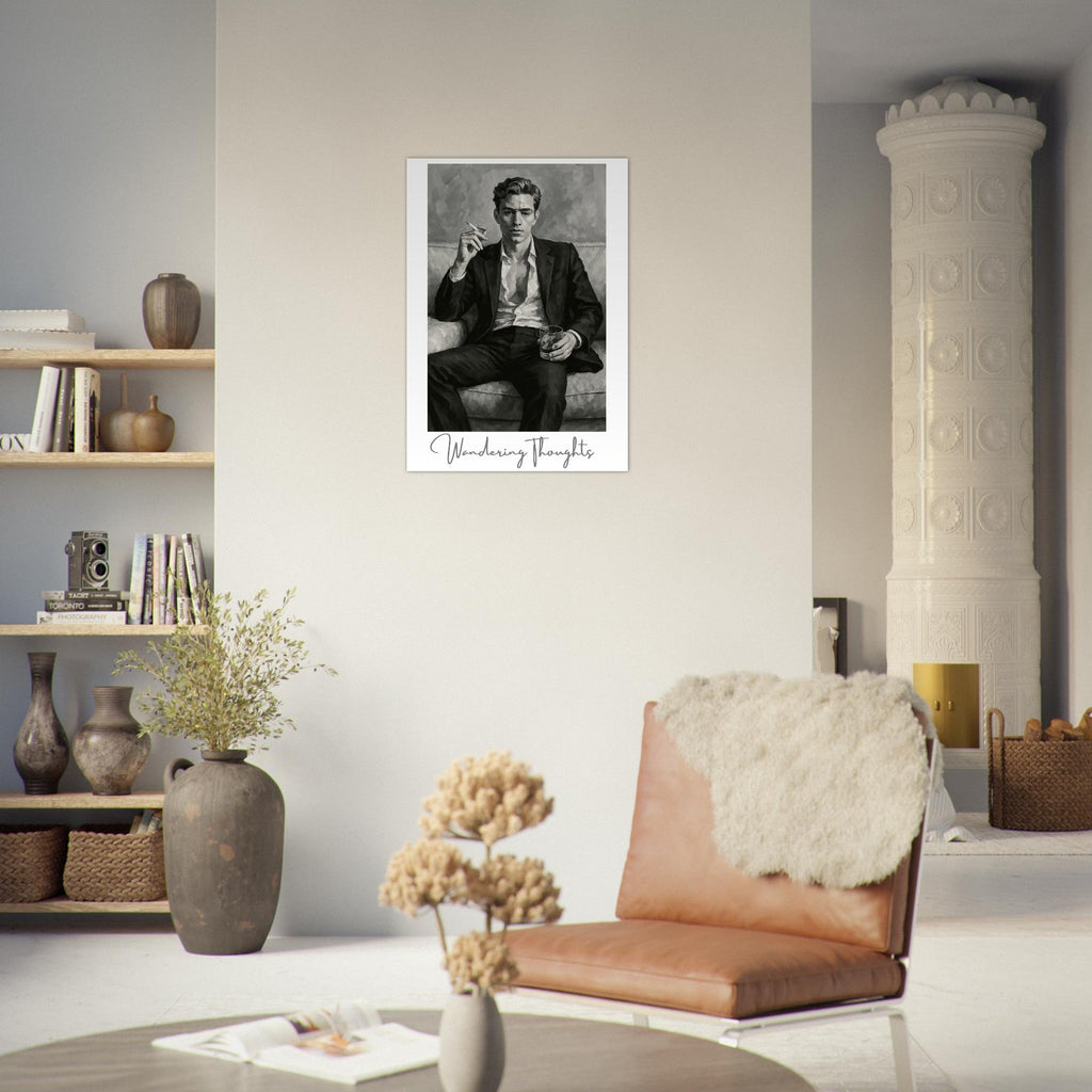 Contemplative Mood Poster. Stylish Man with Whiskey & Cigarette - Retro Decor