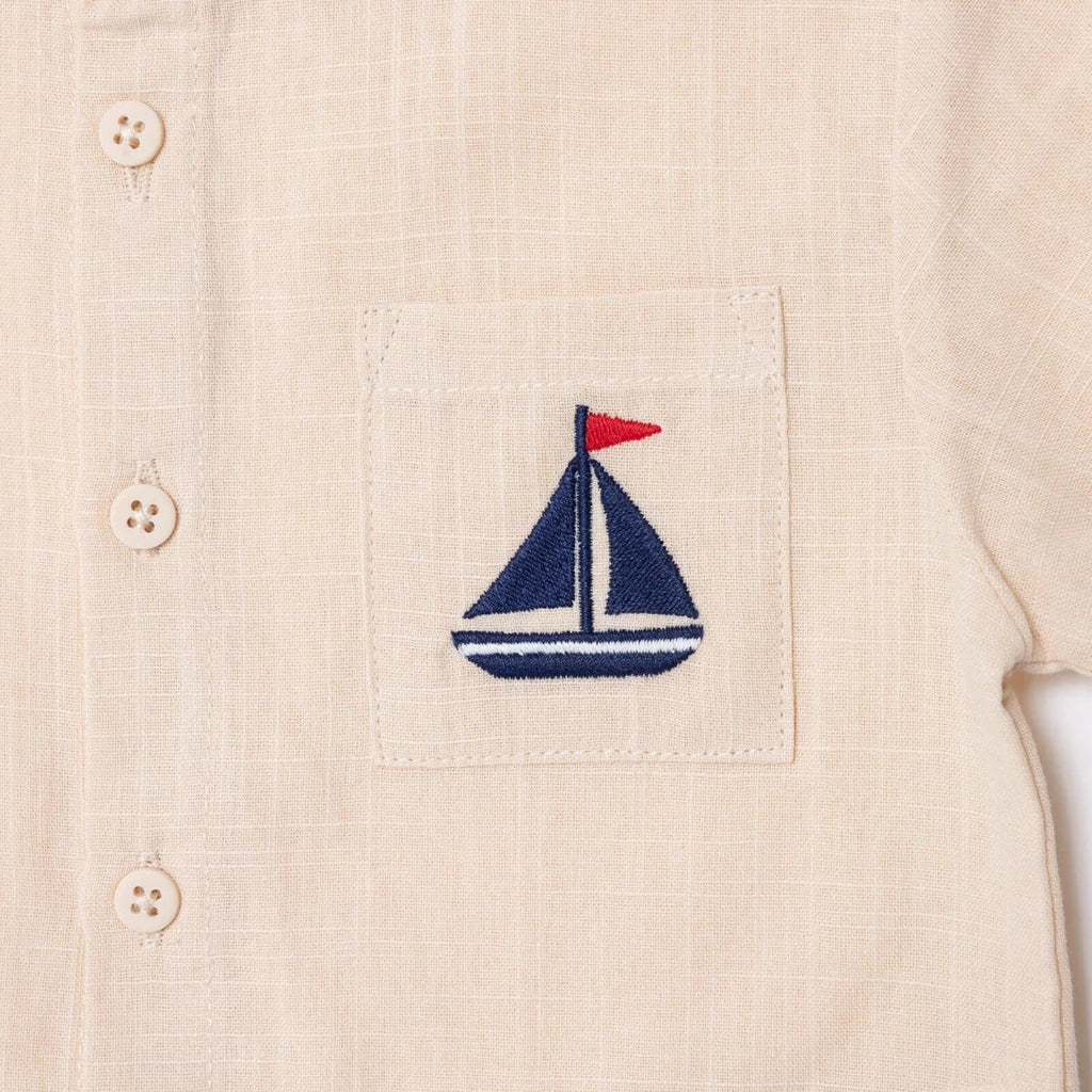 HelloBaby Boys Shirt Nautical Print Buttoned Little Sailor Mandarin Collar Long Sleeve - Beige