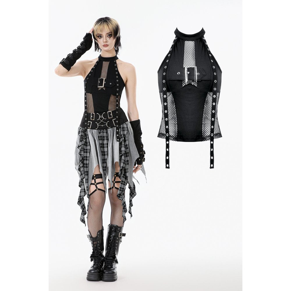 Dark in Love Bondage Mesh Panel Buckle Top – Black Punk Goth Halter