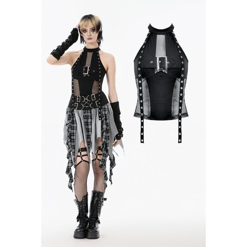 Dark in Love Bondage Mesh Panel Buckle Top – Black Punk Goth Halter
