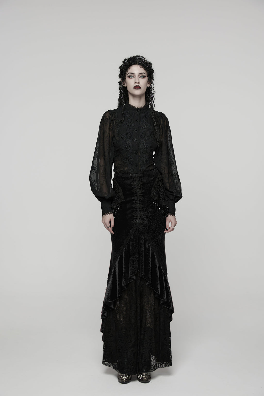 Punk Rave Rose Embossed Velvet Fishtail Skirt – Gothic Ruffle Hem