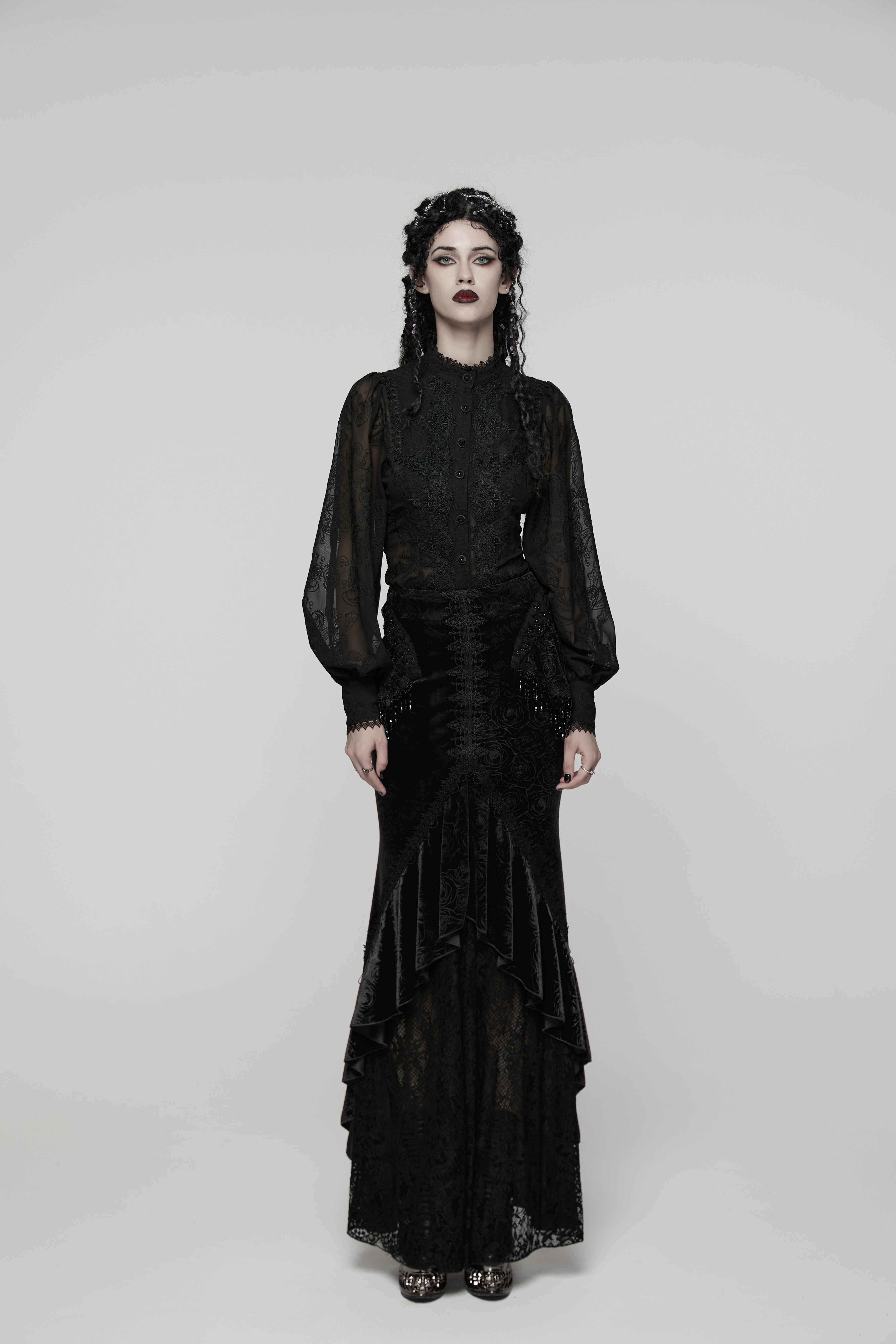Punk Rave Rose Embossed Velvet Fishtail Skirt – Gothic Ruffle Hem