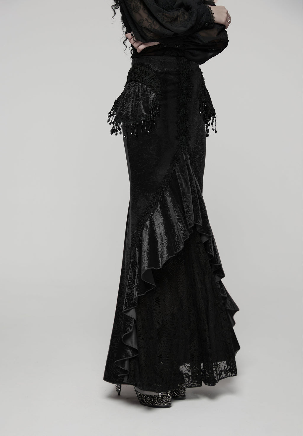 Punk Rave Rose Embossed Velvet Fishtail Skirt – Gothic Ruffle Hem
