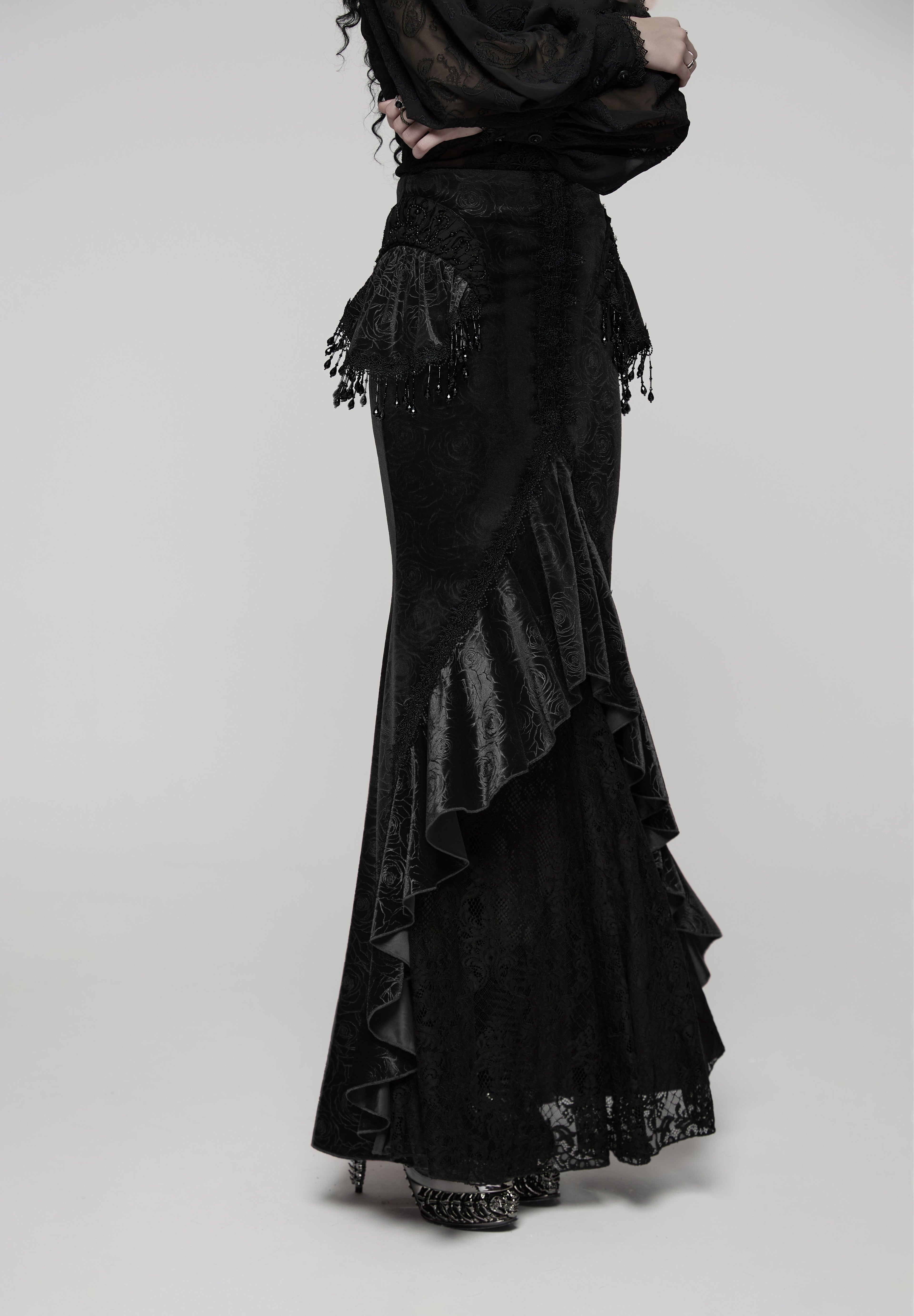 Punk Rave Rose Embossed Velvet Fishtail Skirt – Gothic Ruffle Hem