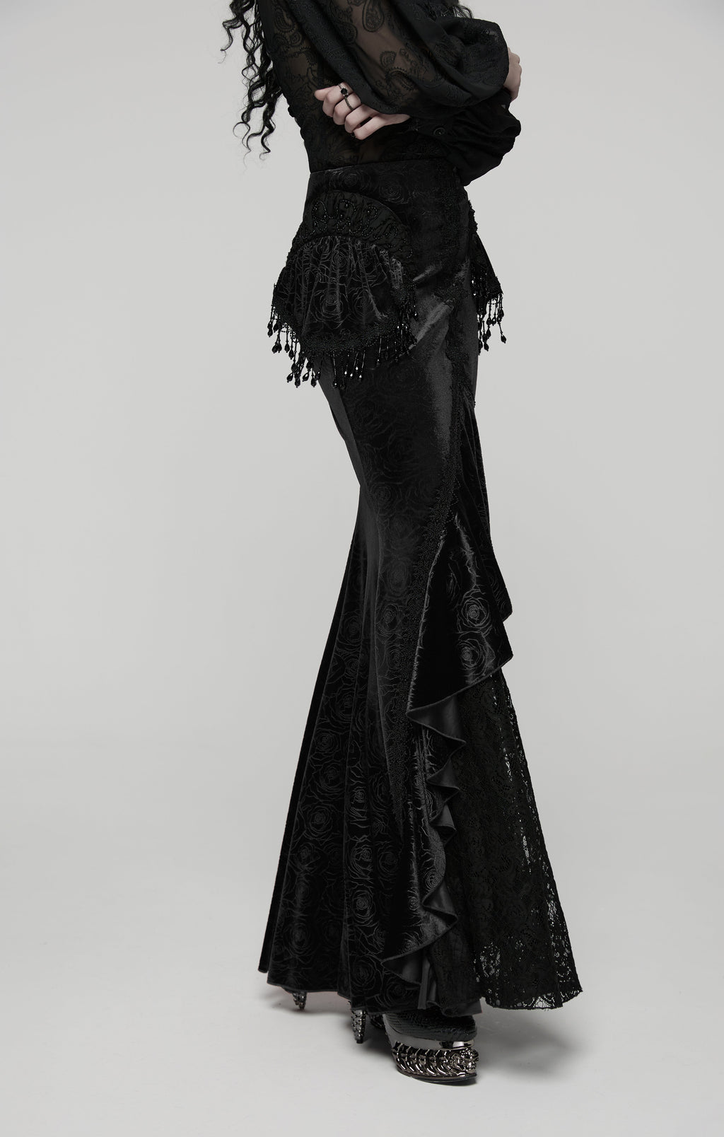 Punk Rave Rose Embossed Velvet Fishtail Skirt – Gothic Ruffle Hem