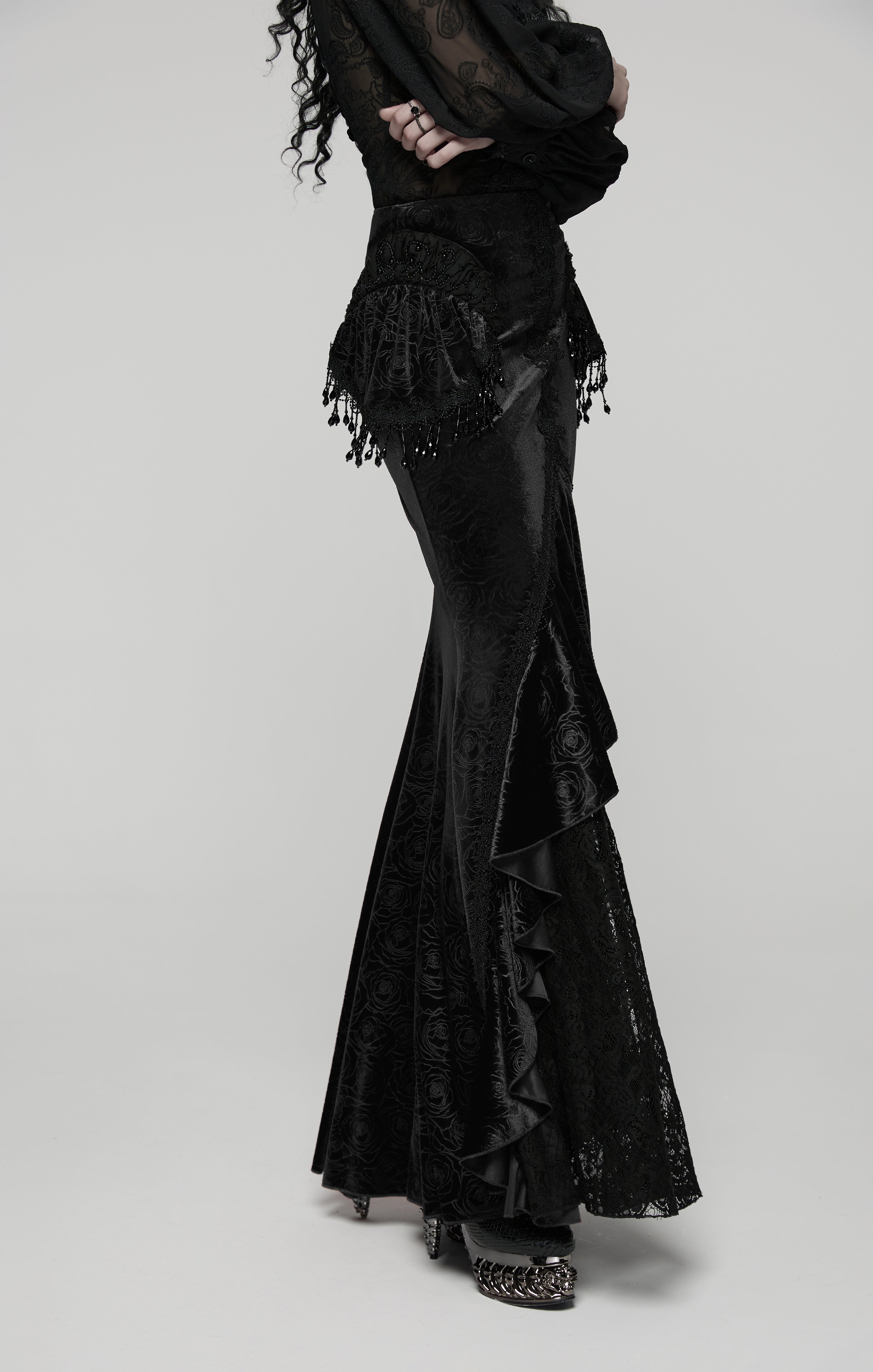 Punk Rave Rose Embossed Velvet Fishtail Skirt – Gothic Ruffle Hem