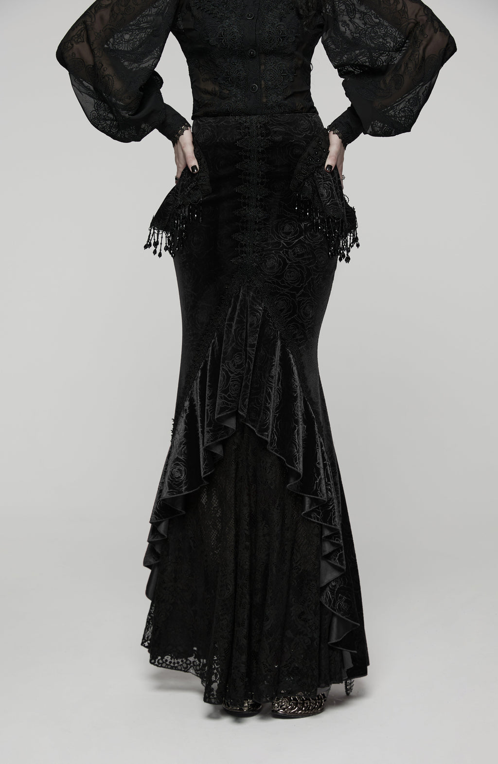 Punk Rave Rose Embossed Velvet Fishtail Skirt – Gothic Ruffle Hem