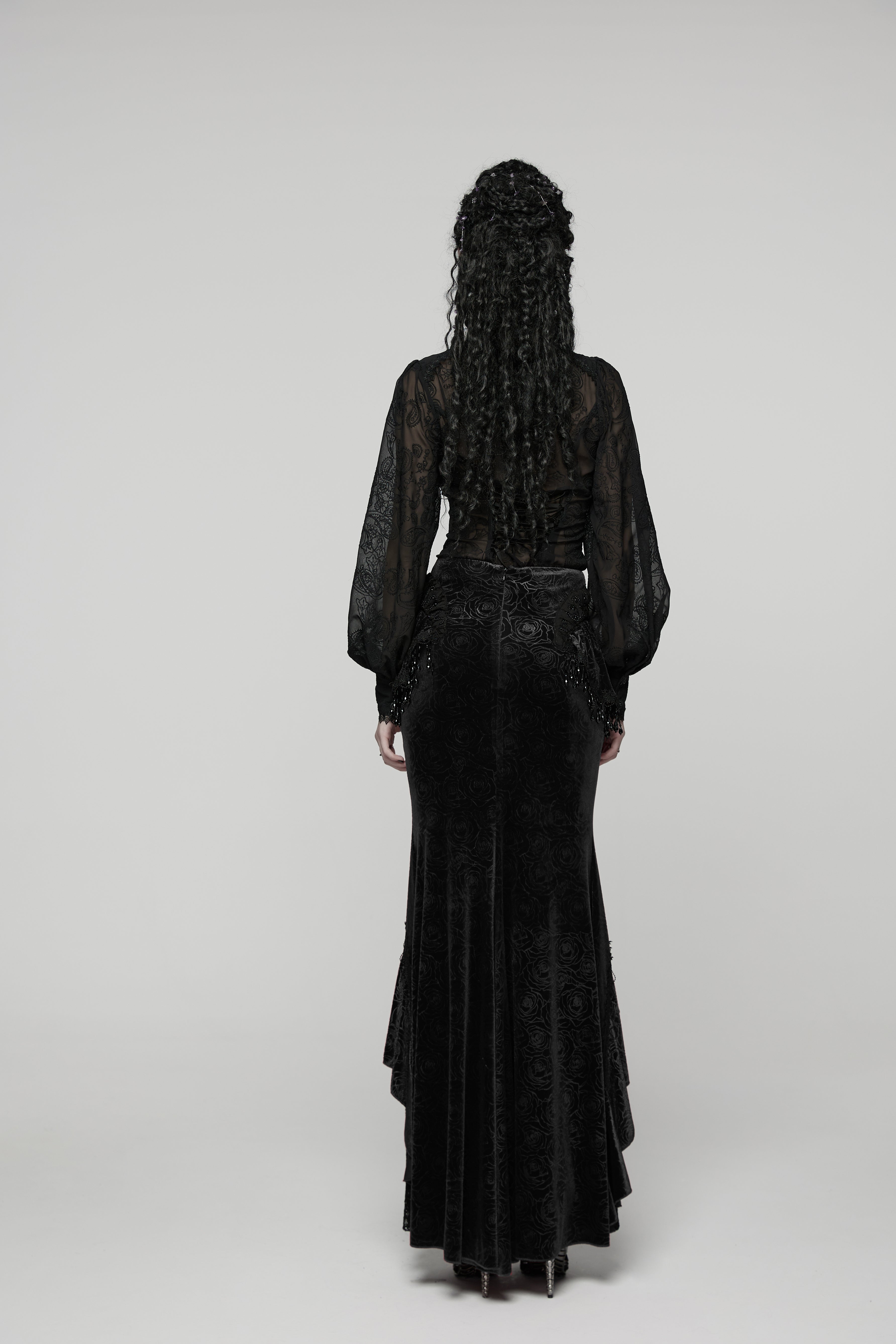 Punk Rave Rose Embossed Velvet Fishtail Skirt – Gothic Ruffle Hem