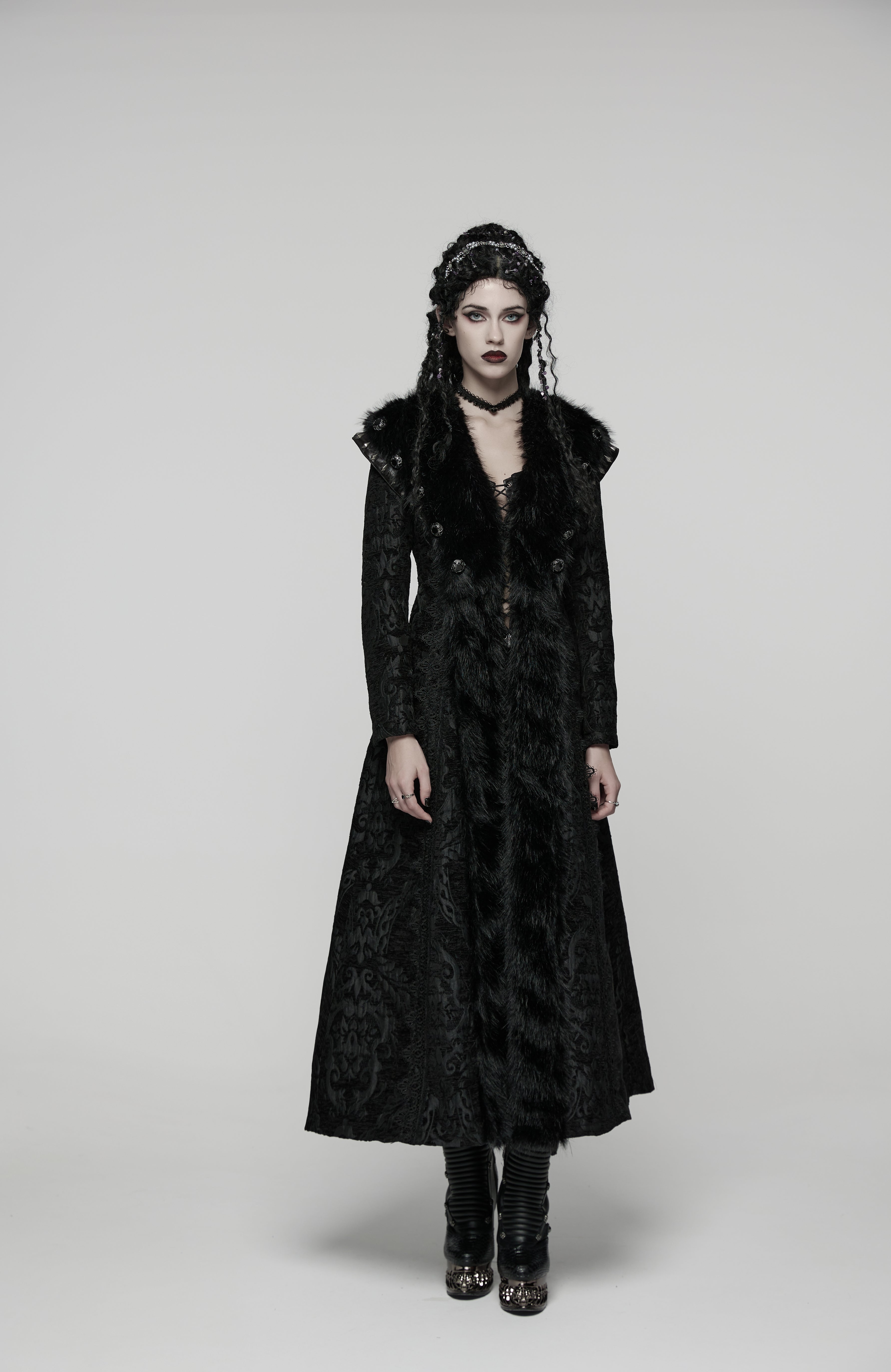 Punk Rave Goth Gorgeous Plush Coat – Black Faux Fur Jacquard