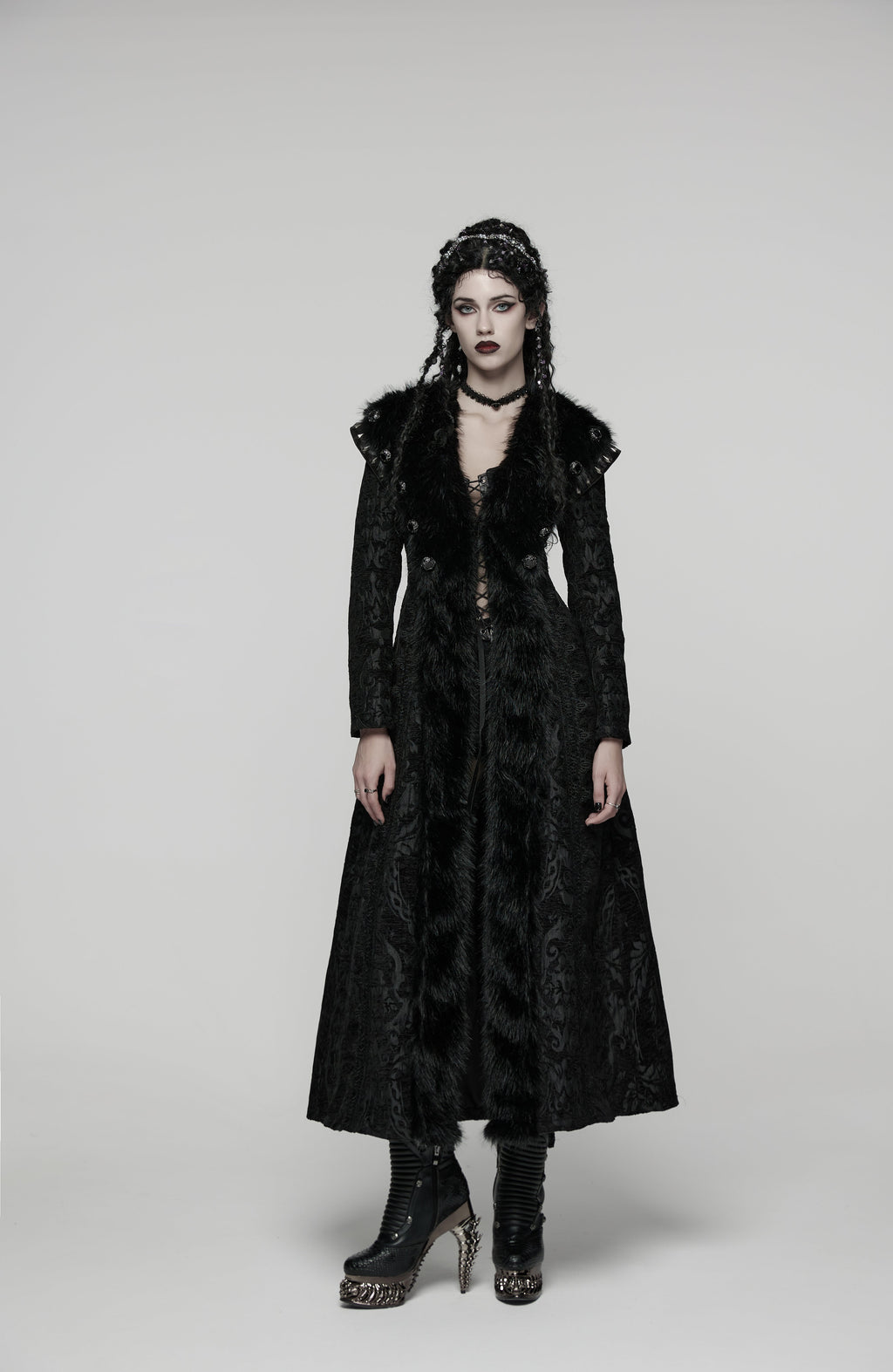 Punk Rave Goth Gorgeous Plush Coat – Black Faux Fur Jacquard