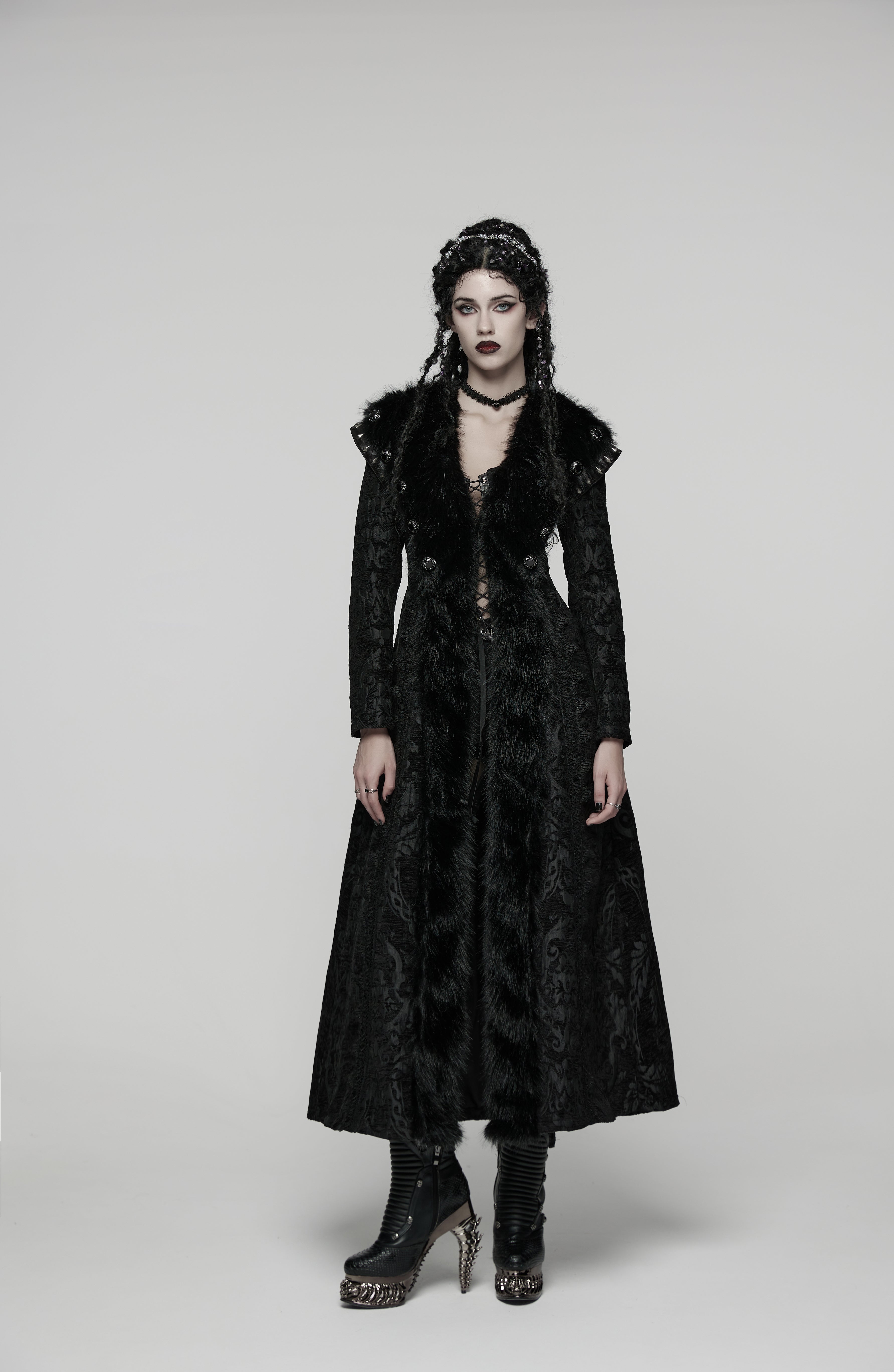 Punk Rave Goth Gorgeous Plush Coat – Black Faux Fur Jacquard