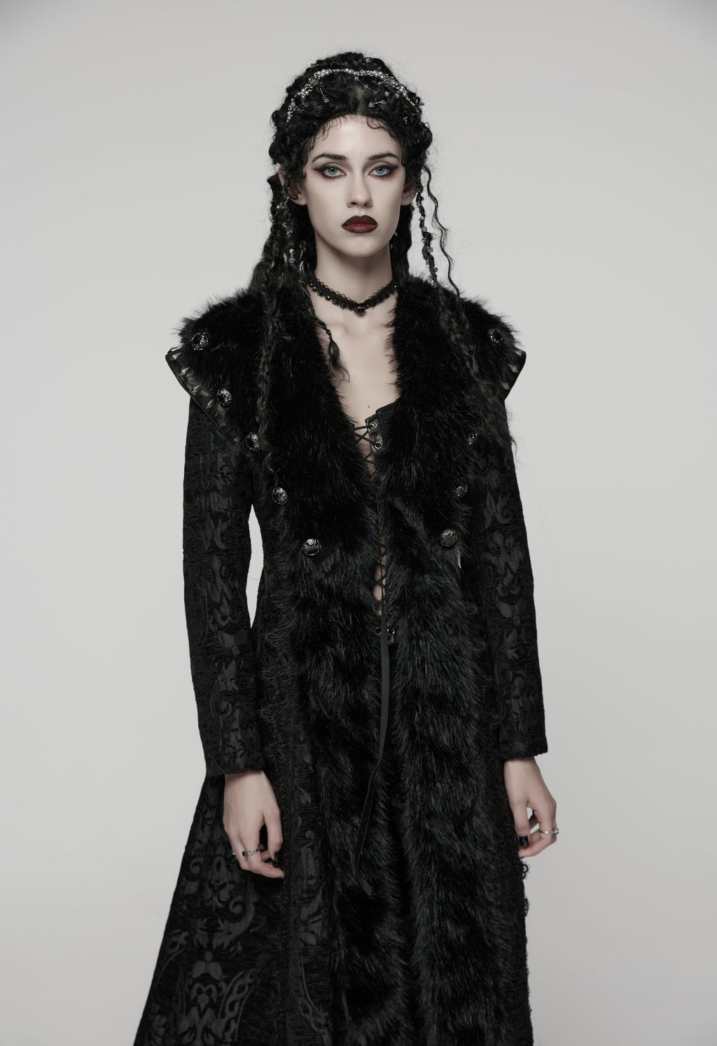 Punk Rave Goth Gorgeous Plush Coat – Black Faux Fur Jacquard