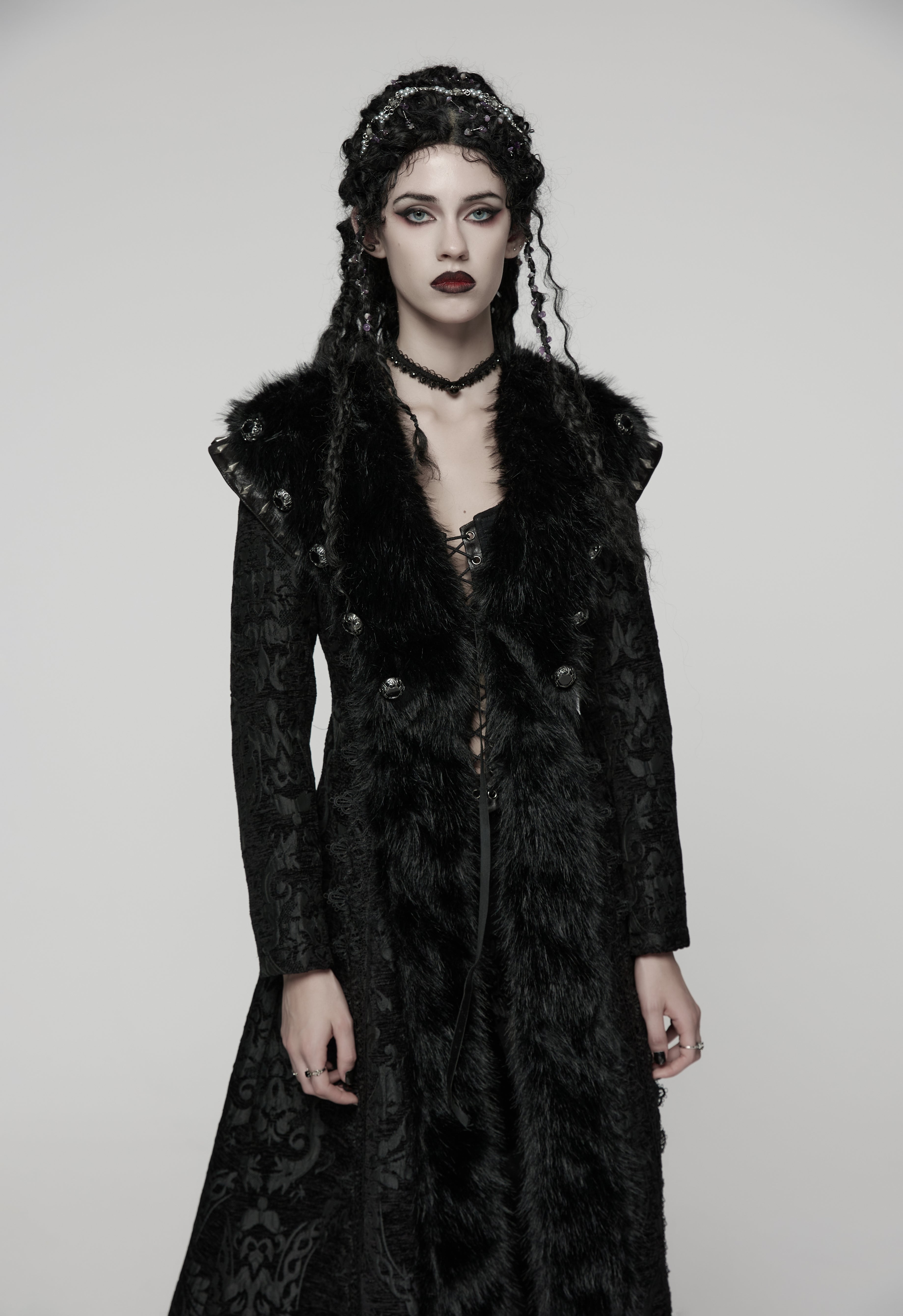 Punk Rave Goth Gorgeous Plush Coat – Black Faux Fur Jacquard