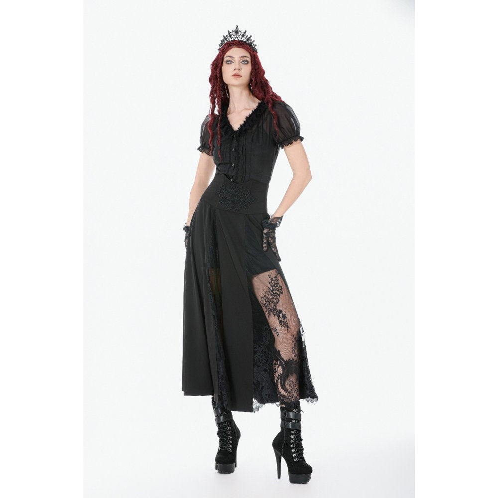Dark in Love Gothic Long Skirt – High Waist Lace Inset Flowing Skirt