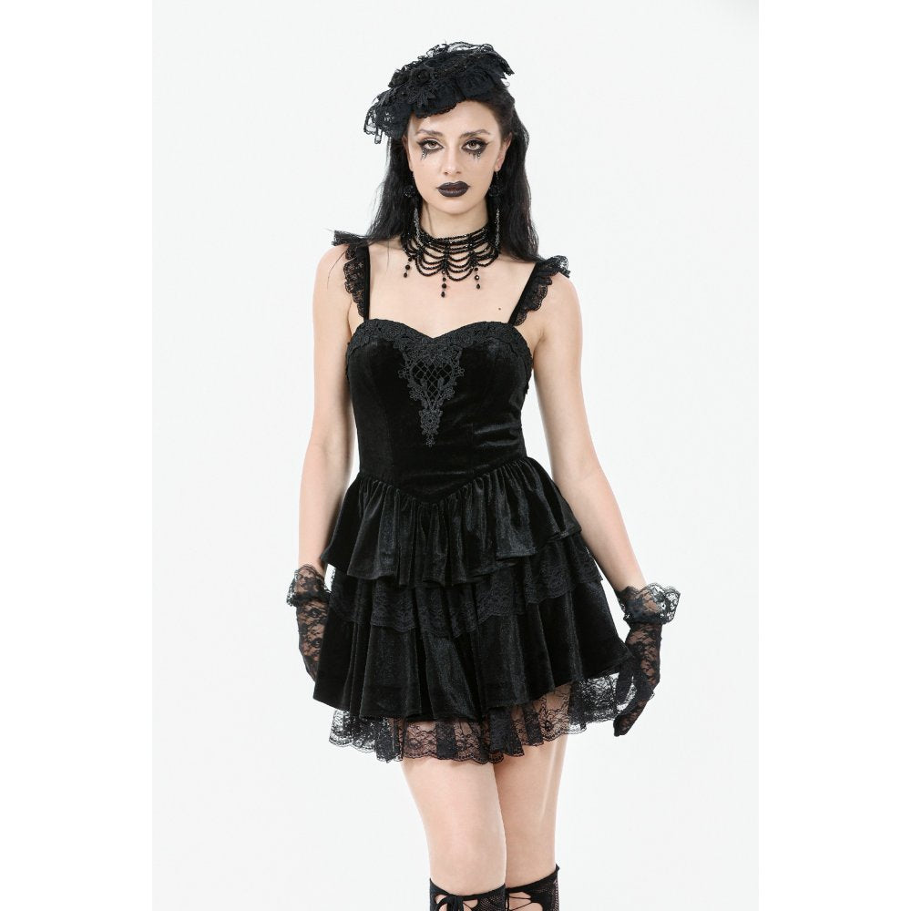 Dark in Love Nocturne Black Velvet Lace Ruffled Goth Dress