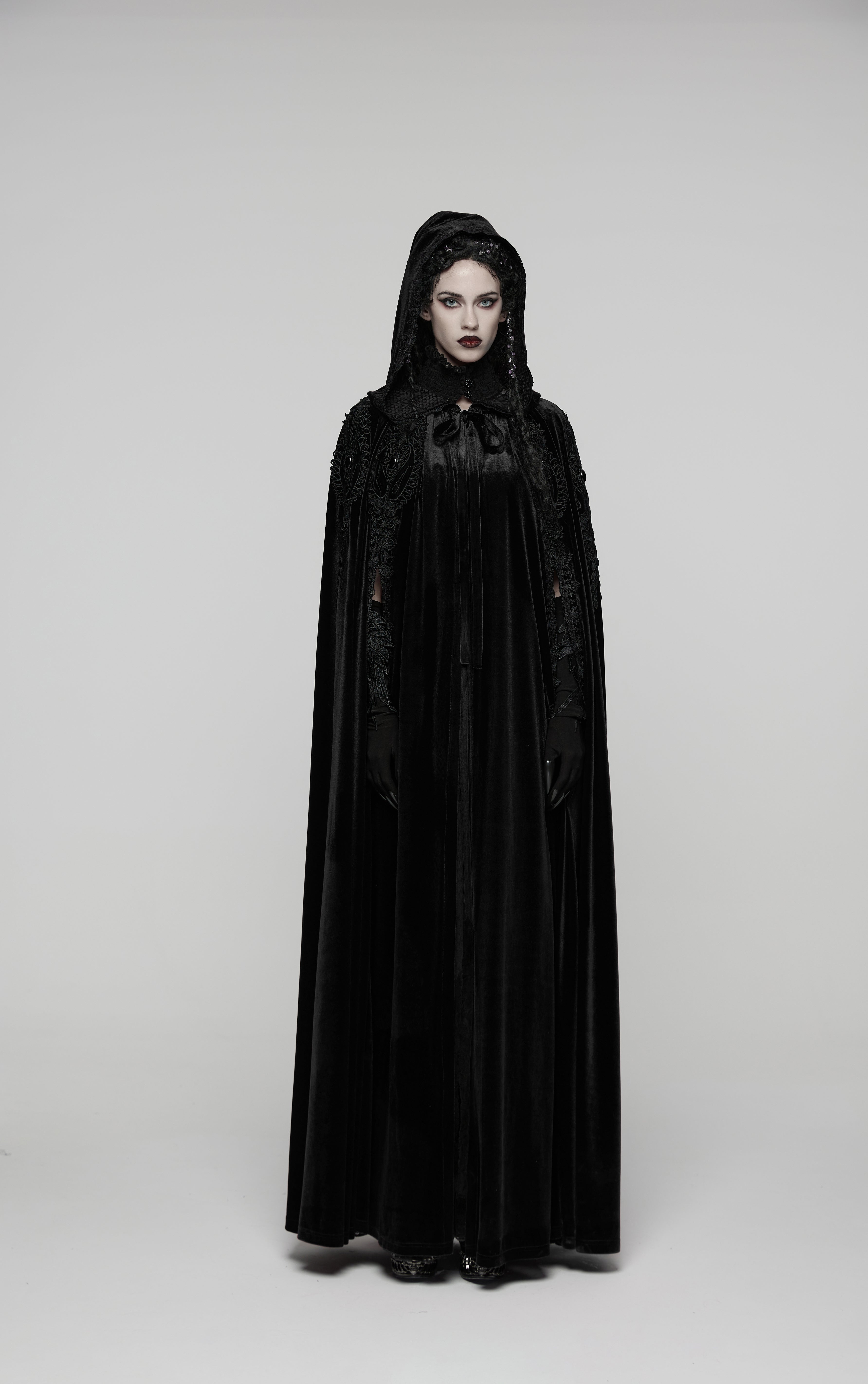 Punk Rave Goth Velvet Cloak – Black Hooded Full-Length Embroidered Cape