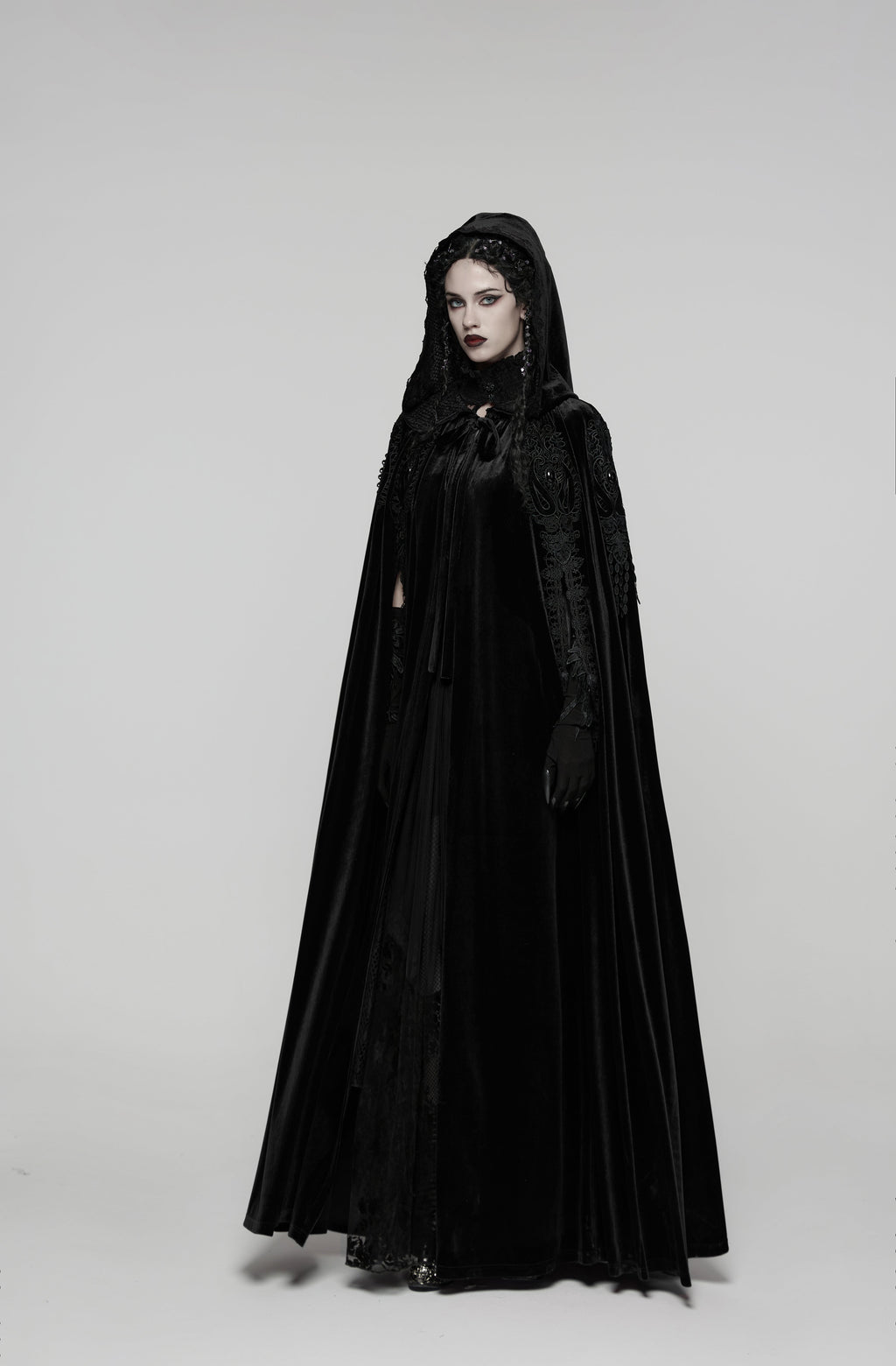 Punk Rave Goth Velvet Cloak – Black Hooded Full-Length Embroidered Cape