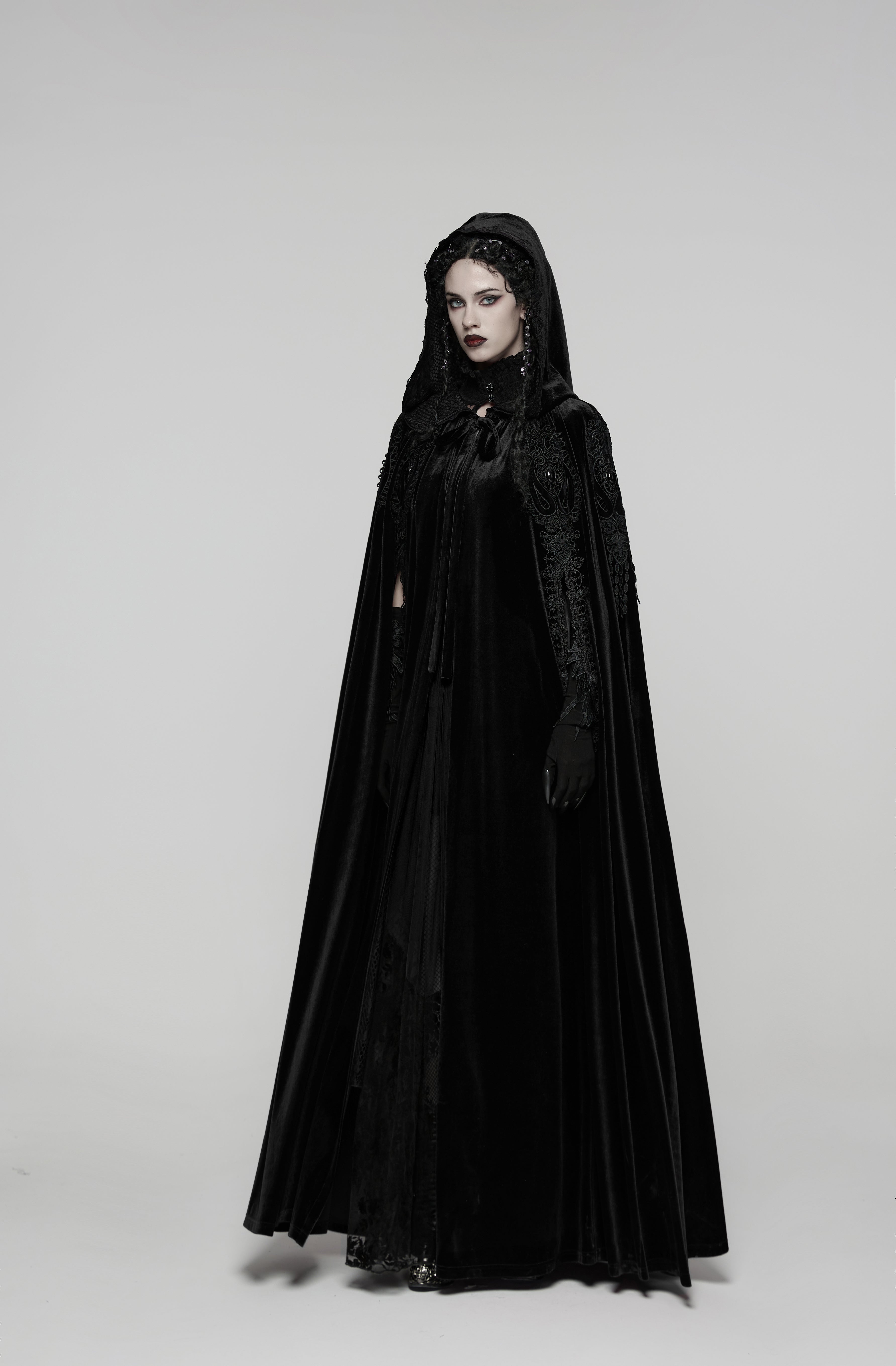 Punk Rave Goth Velvet Cloak – Black Hooded Full-Length Embroidered Cape