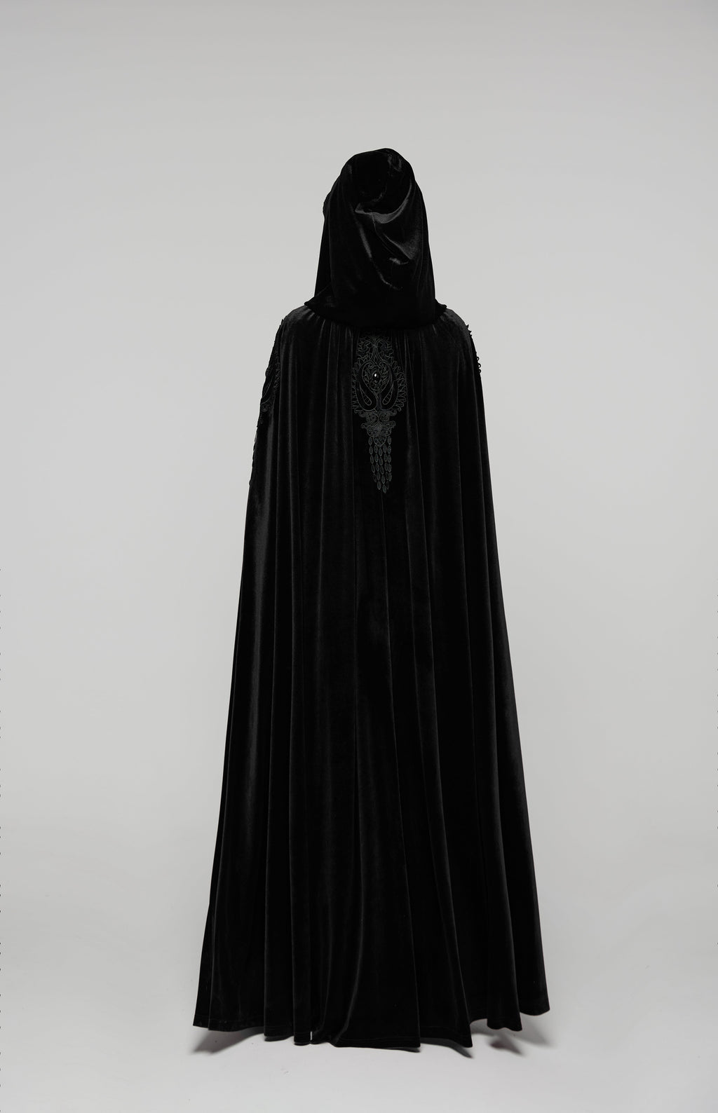 Punk Rave Goth Velvet Cloak – Black Hooded Full-Length Embroidered Cape