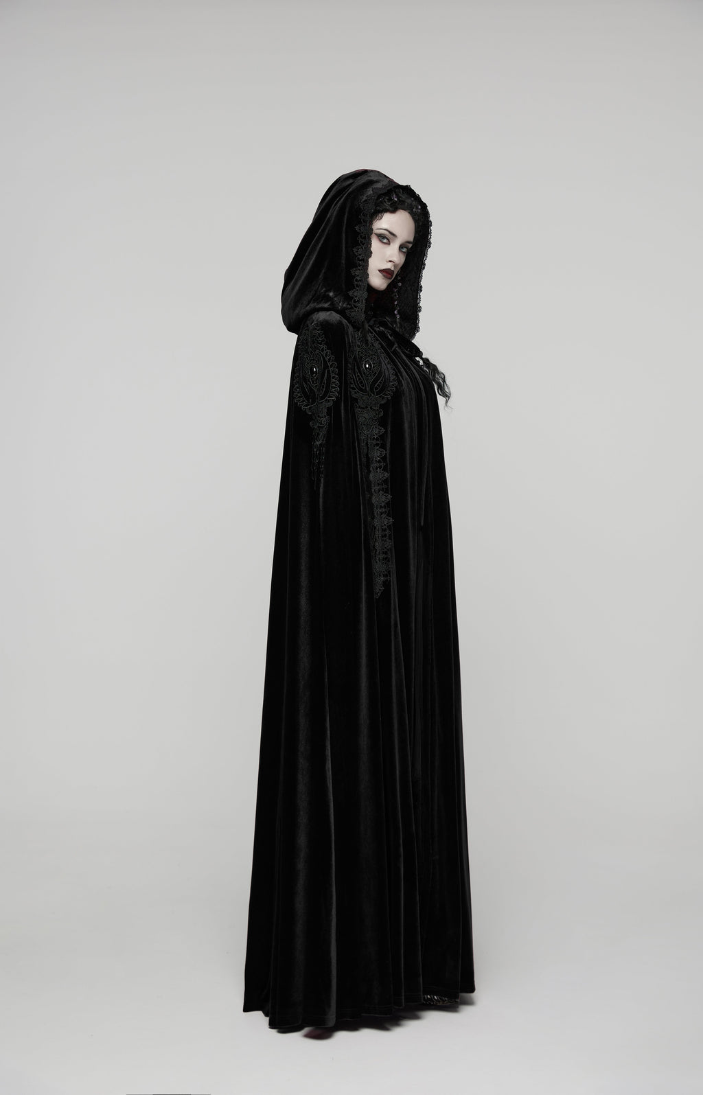 Punk Rave Goth Velvet Cloak – Black Hooded Full-Length Embroidered Cape
