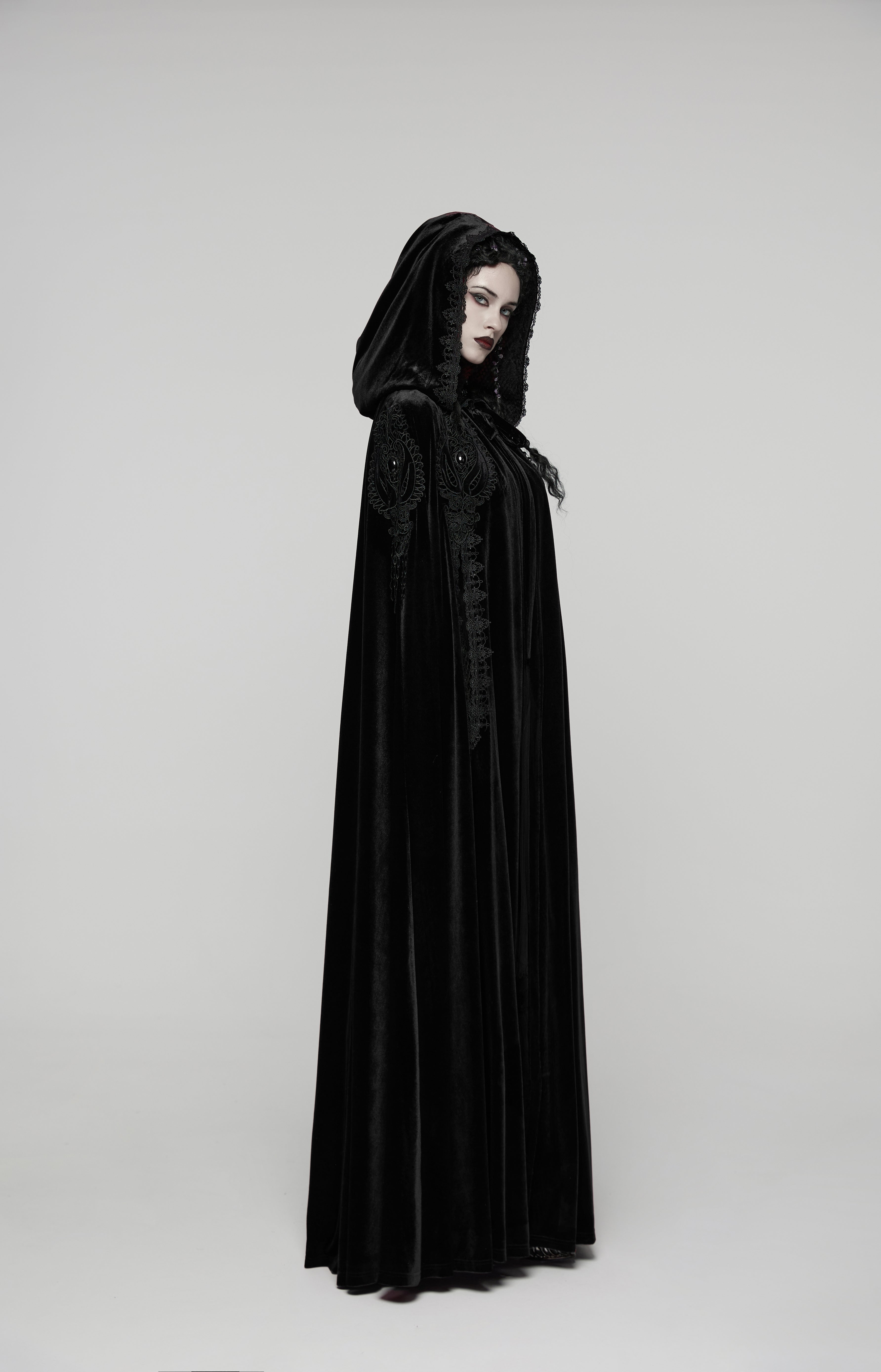 Punk Rave Goth Velvet Cloak – Black Hooded Full-Length Embroidered Cape
