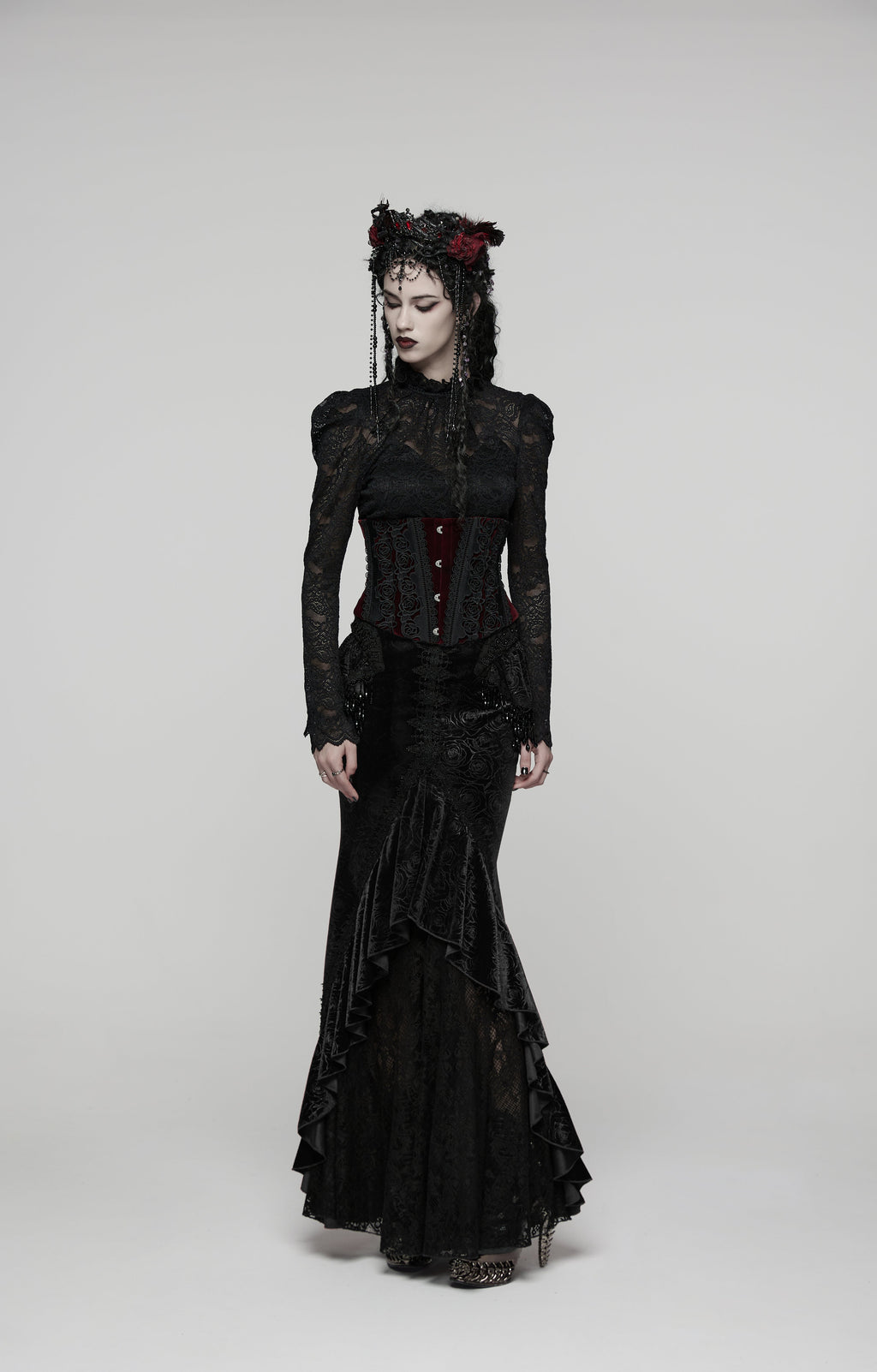 Punk Rave Rose Embossed Velvet Fishtail Skirt – Gothic Ruffle Hem