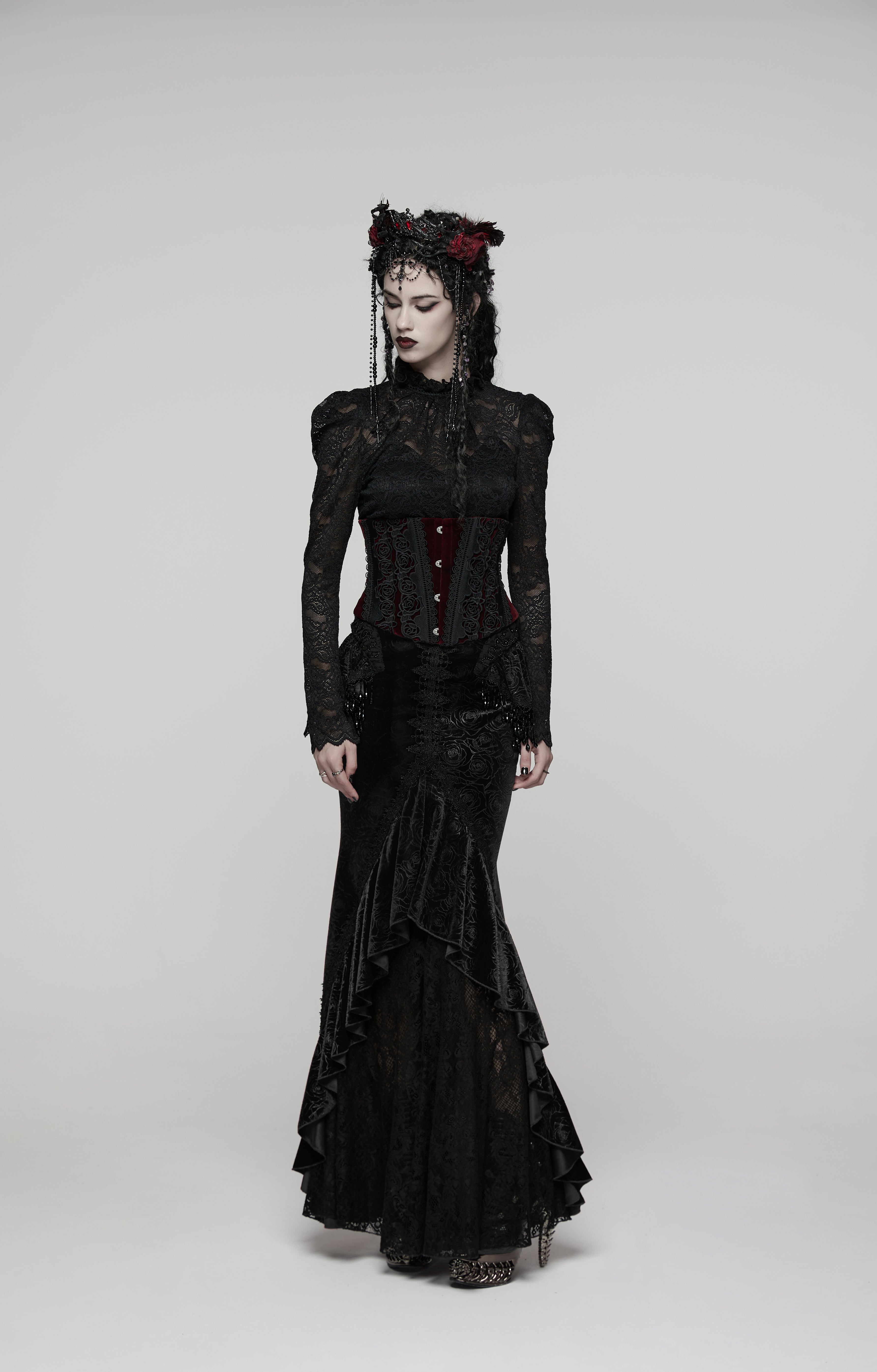 Punk Rave Rose Embossed Velvet Fishtail Skirt – Gothic Ruffle Hem