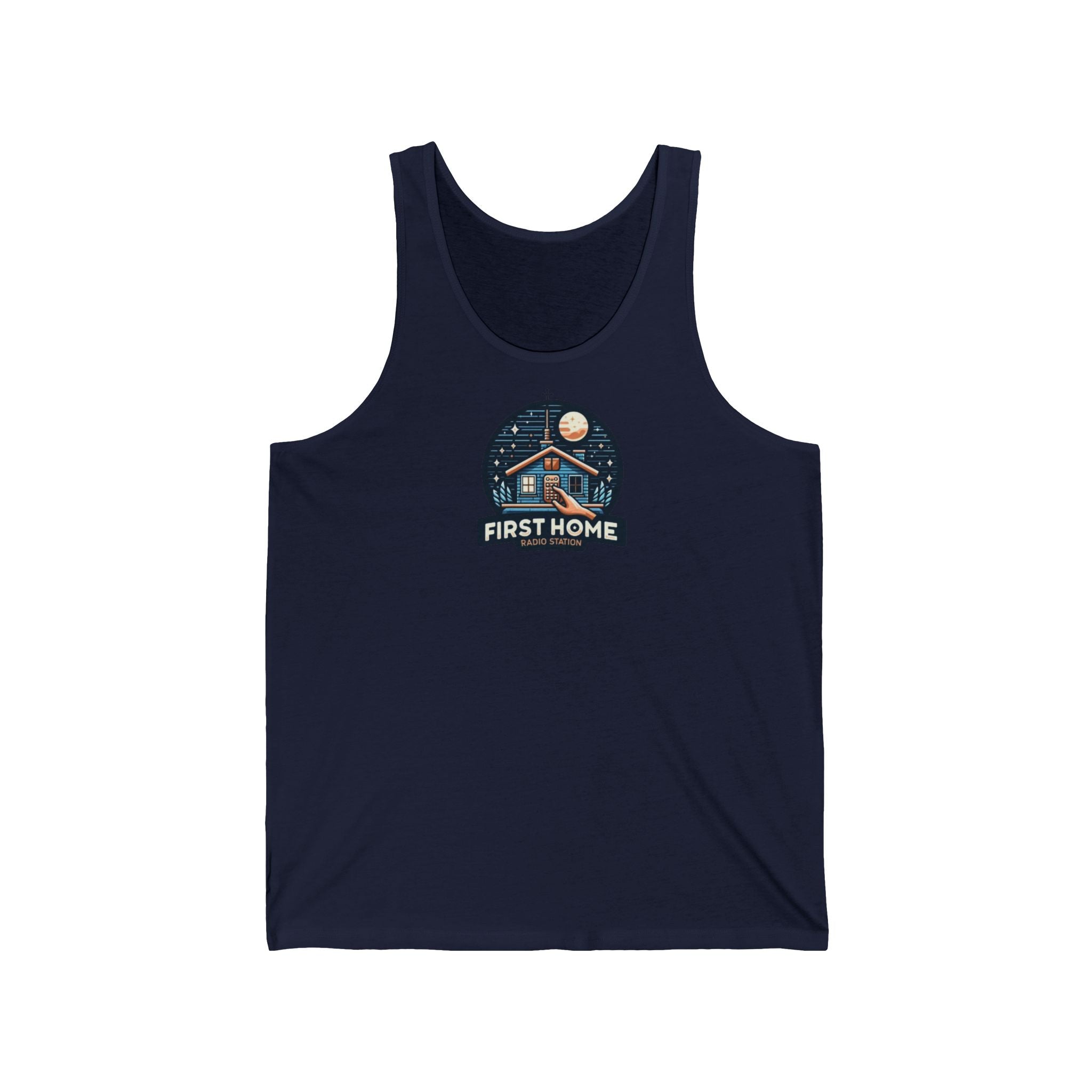 Cozy Unisex Tank Top with 'First Home Radio' Design, Summer Beachwear, Housewarming Gift, Casual Summer Top, Perfect for New Homeowners