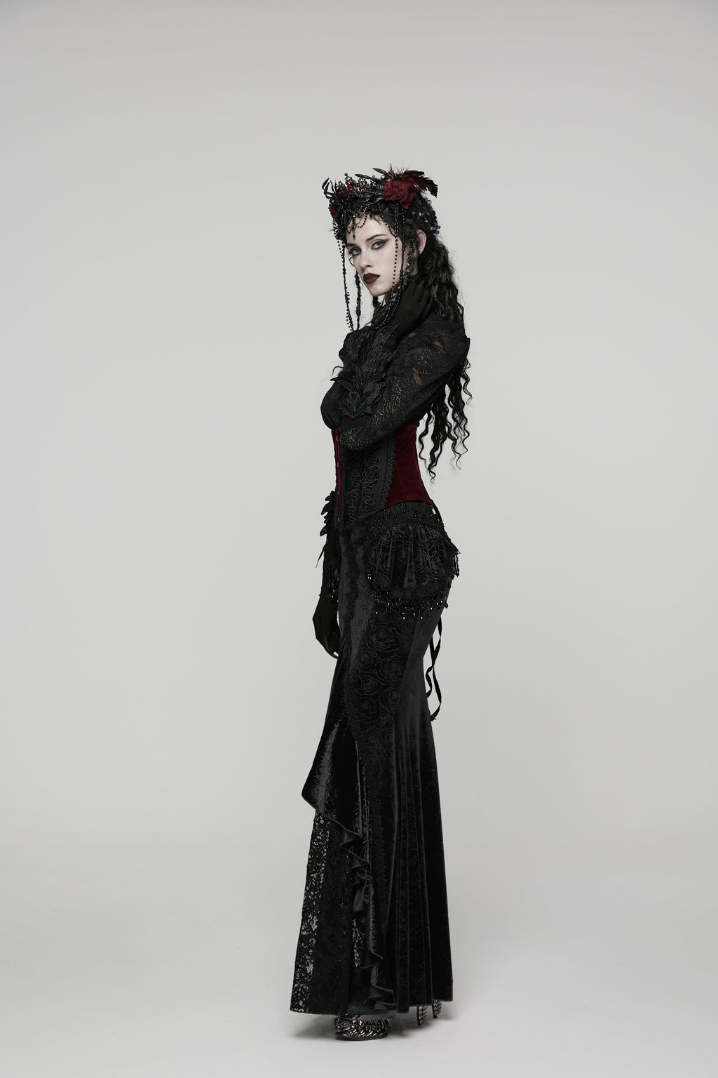 Punk Rave Rose Embossed Velvet Fishtail Skirt – Gothic Ruffle Hem