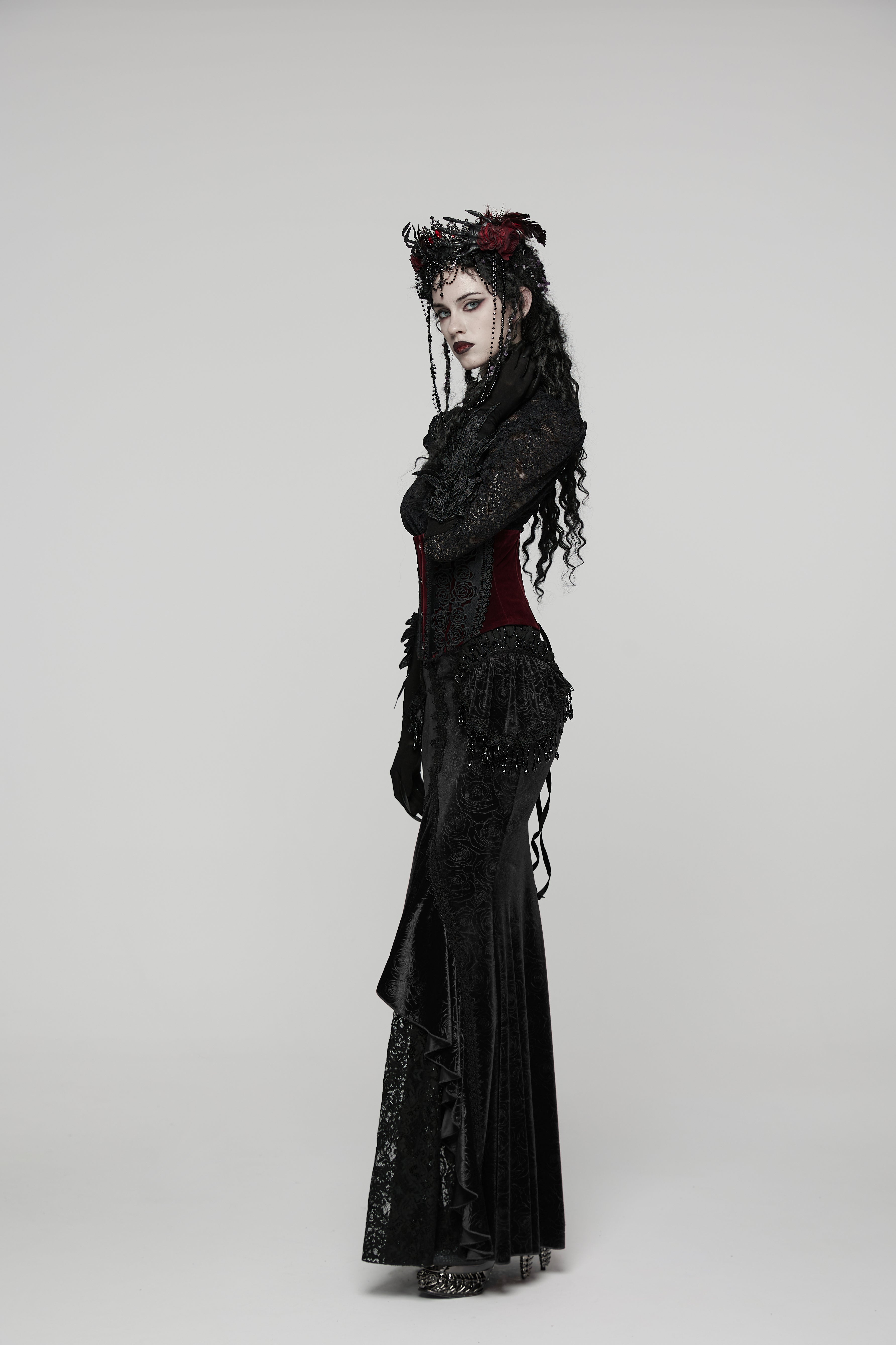 Punk Rave Rose Embossed Velvet Fishtail Skirt – Gothic Ruffle Hem