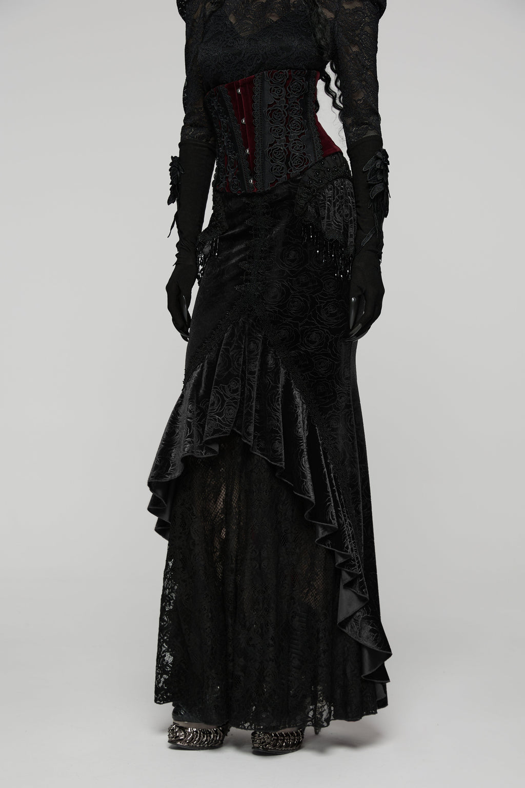 Punk Rave Rose Embossed Velvet Fishtail Skirt – Gothic Ruffle Hem