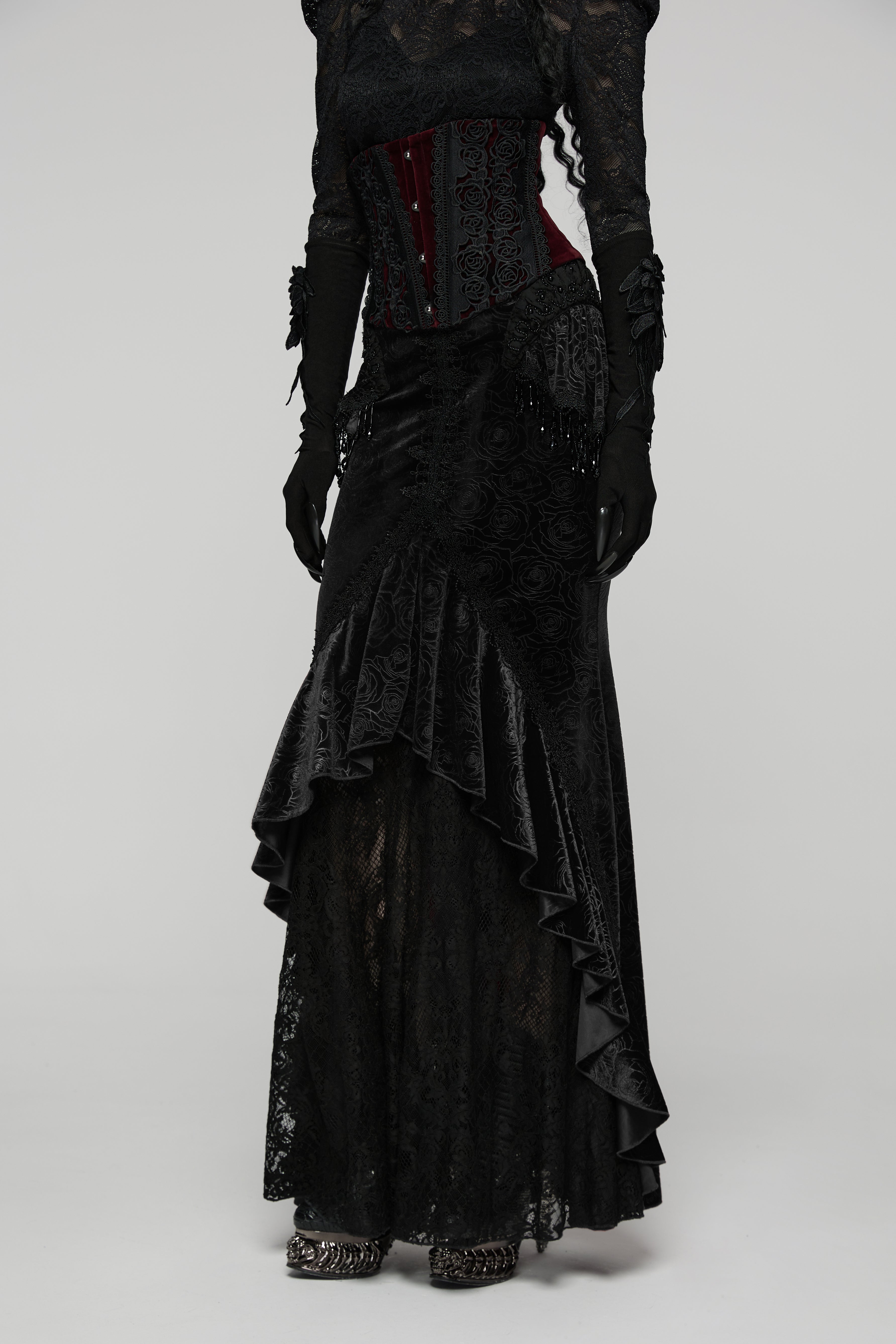 Punk Rave Rose Embossed Velvet Fishtail Skirt – Gothic Ruffle Hem