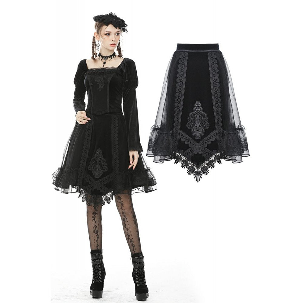Dark in Love Melisandre Embroidered Velvet Mesh Goth Skirt - Black