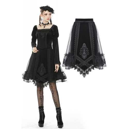 Dark in Love Melisandre Embroidered Velvet Mesh Goth Skirt - Black