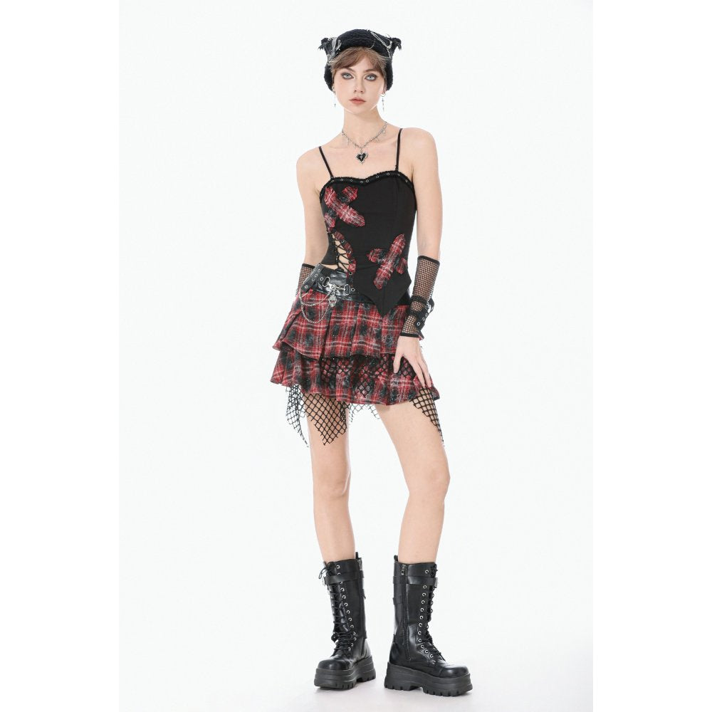 Dark in Love Punk Plaid Cross Strap Top – Red Tartan Corset Style